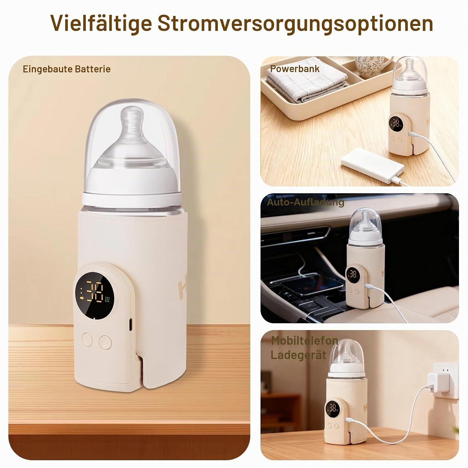 Tragbarer Flaschenwärmer mit digitalem Display und verschiedenen USB-Ladeoptionen auf Holztisch und im Auto.