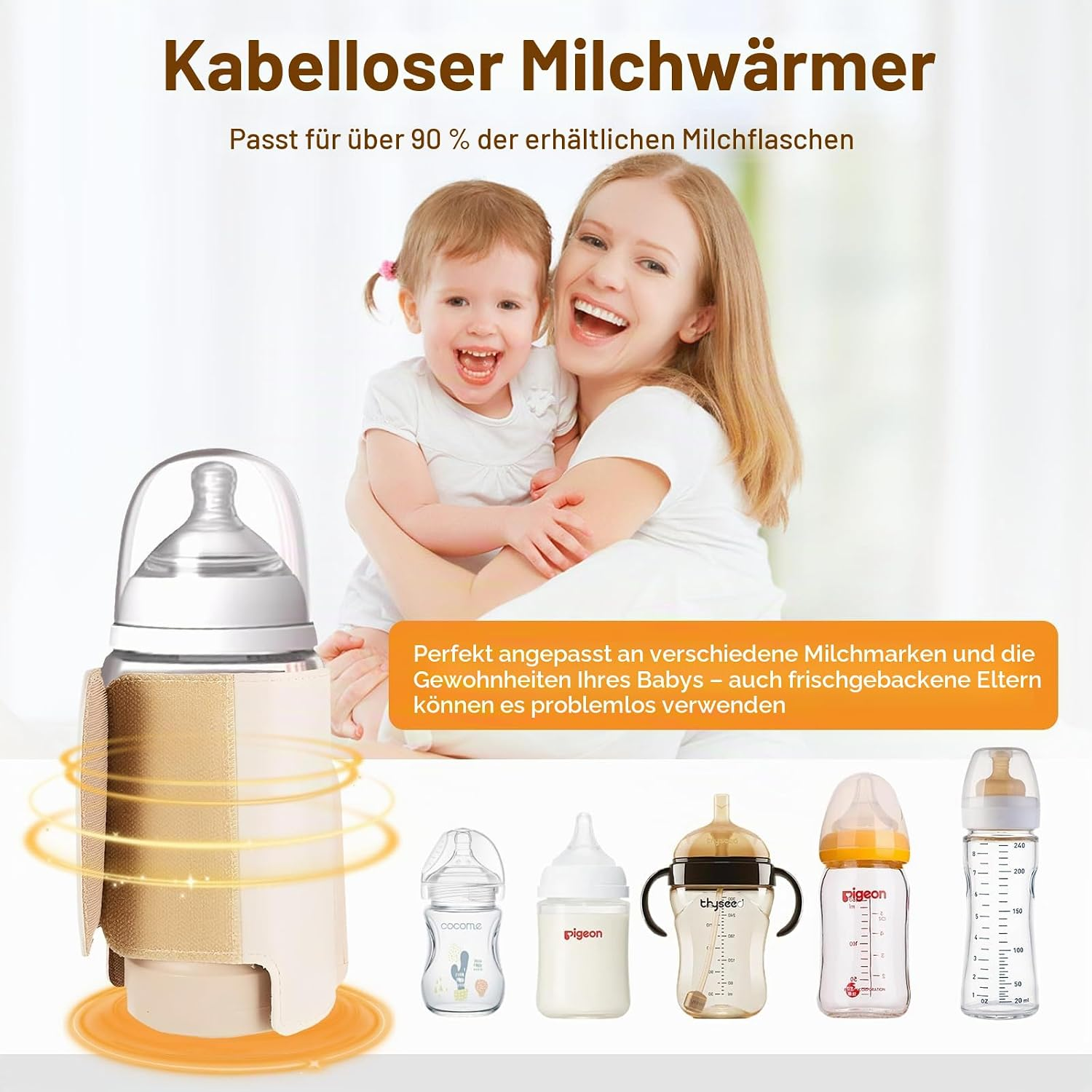 Kabelloser Milchwärmer mit glücklicher Mutter und Kind, kompatibel mit verschiedenen Flaschen.