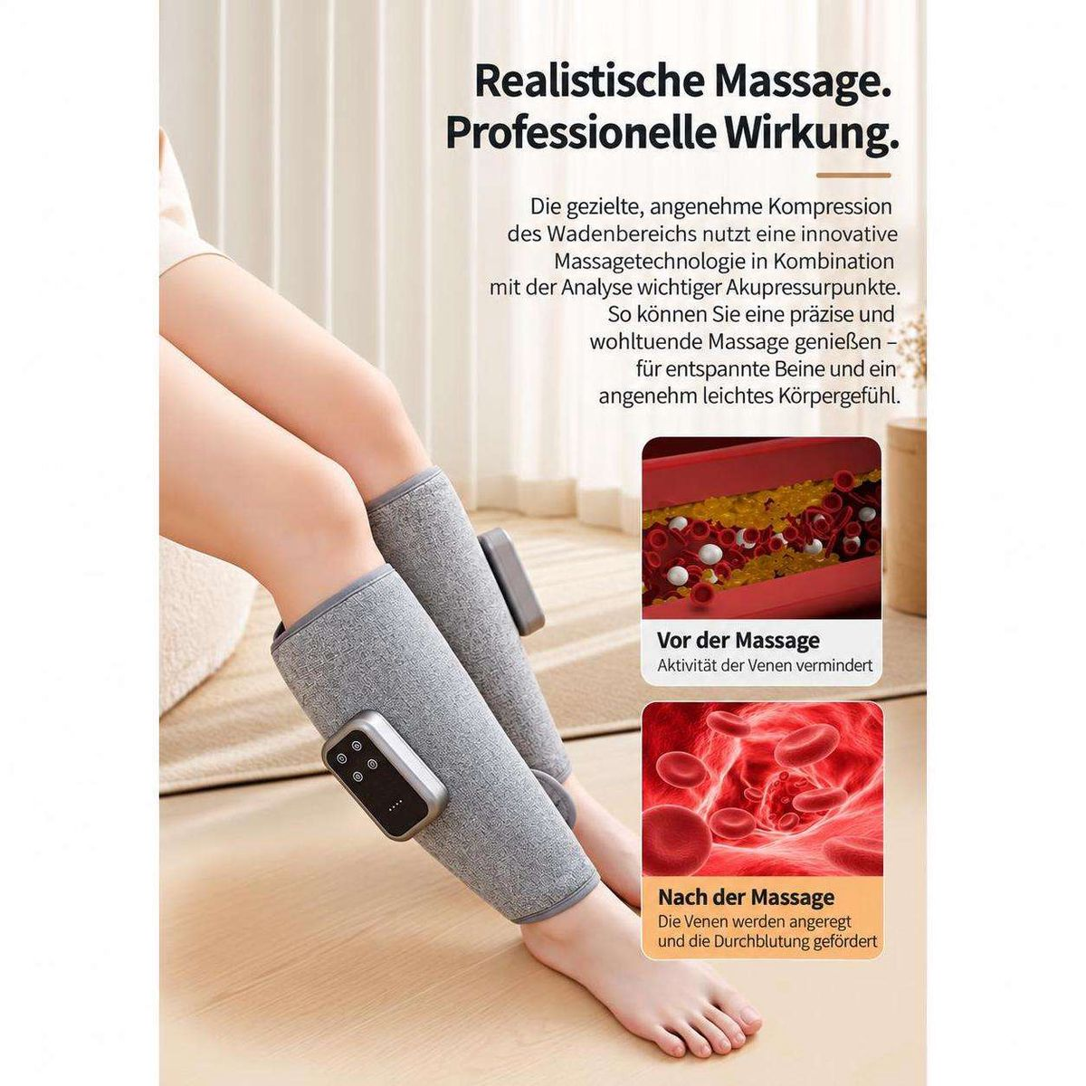 Graue Wadenmassagegeräte an Beinen, dazu erklärender Text und Grafiken über die Durchblutung.