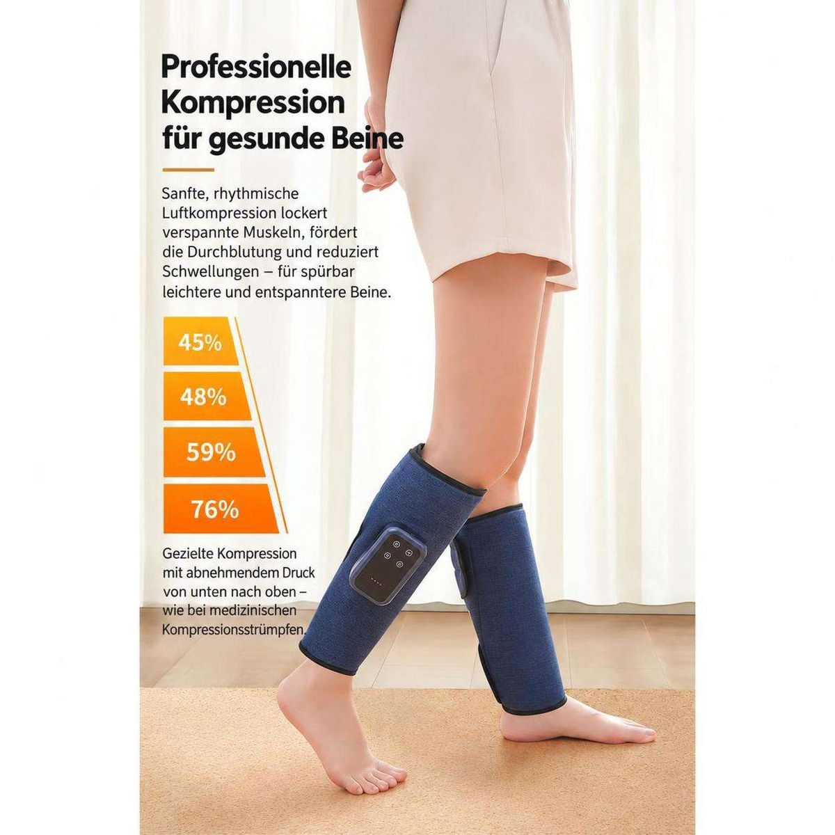 Person trägt blaue Luftkompressions-Beinmassagegeräte mit deutscher Werbung und statistischen Grafiken.