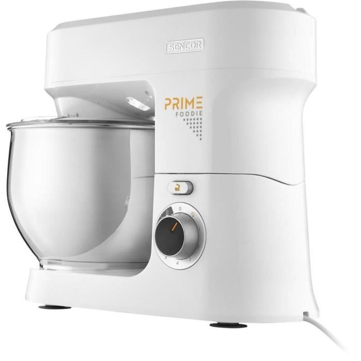 Eine weiße Sencor Prime Foodie Küchenmaschine mit silberner Schüssel auf einer weißen Oberfläche.