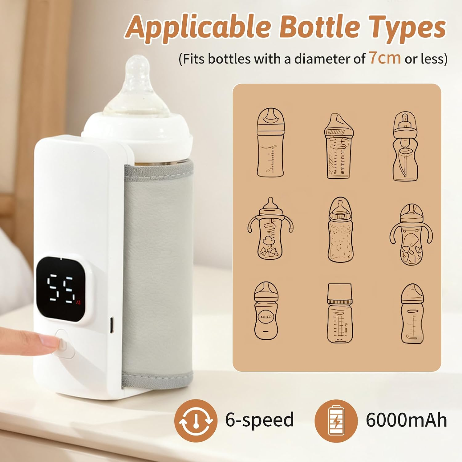 Tragbarer Flaschenwärmer mit Display, Kompatibilitätstabelle für Flaschen, 6 Stufen und 6000mAh Akku.