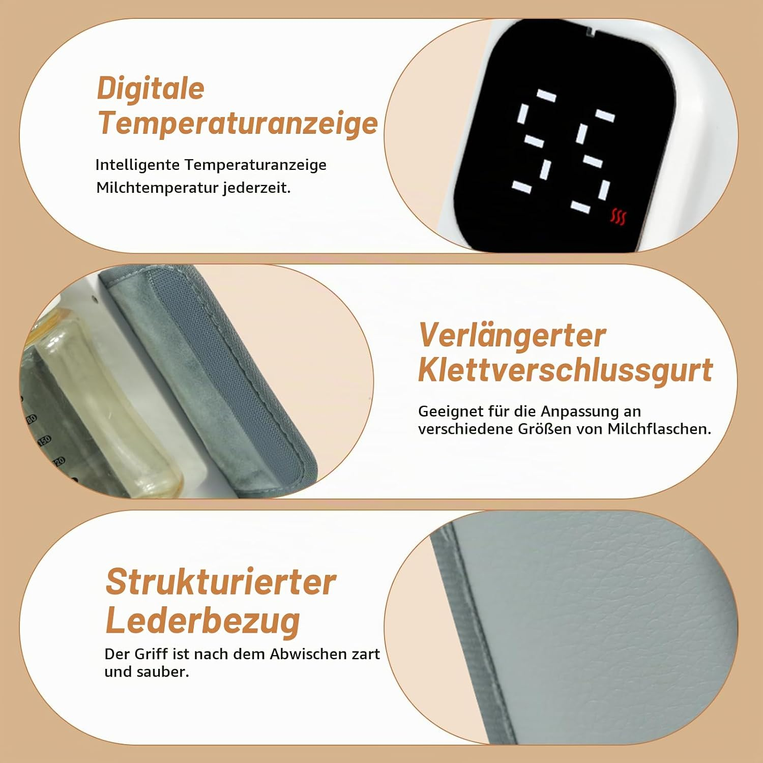 Produktmerkmale: Digitaldisplay, verstellbarer Klettgurt und strukturierter Lederbezug.
