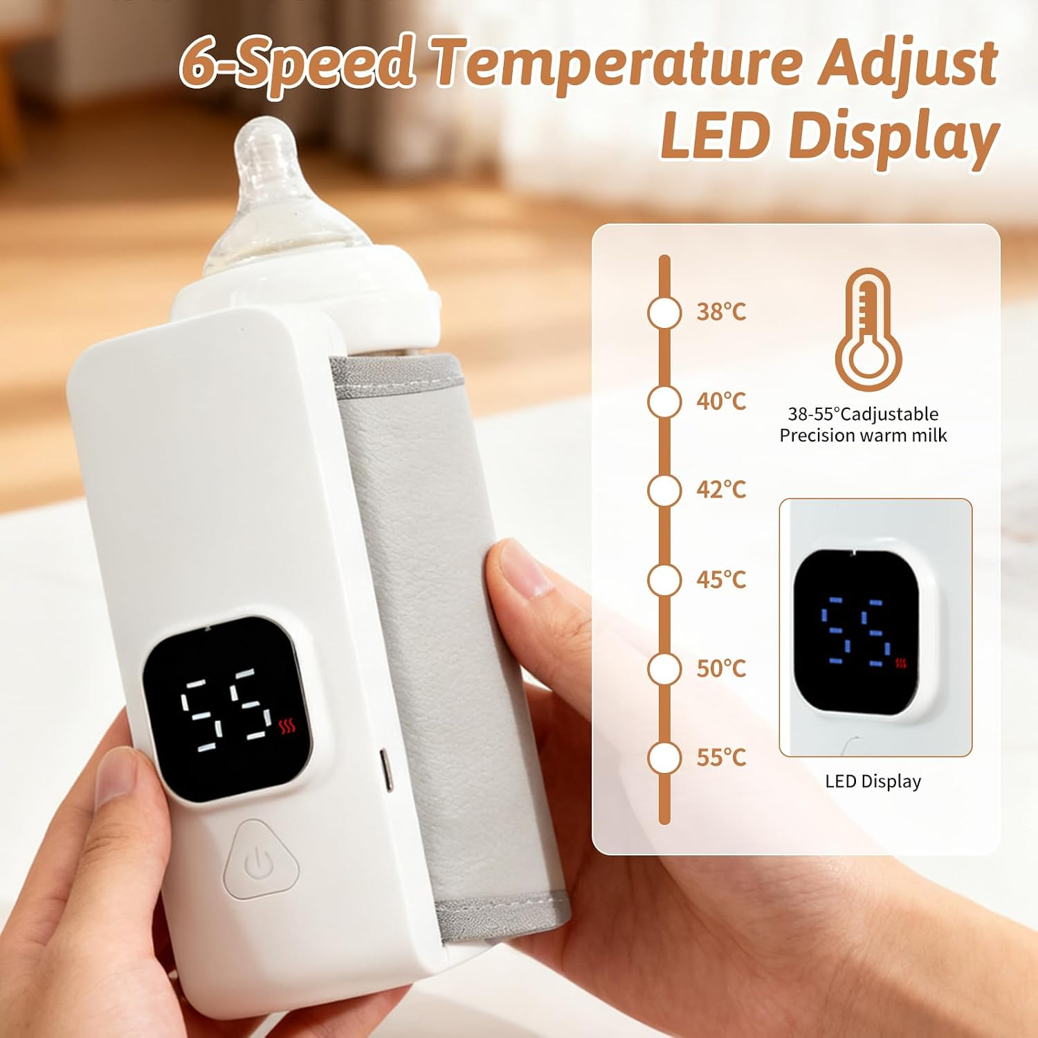Hand hält tragbaren Babyflaschenwärmer mit LED-Display für 6 Temperaturstufen.