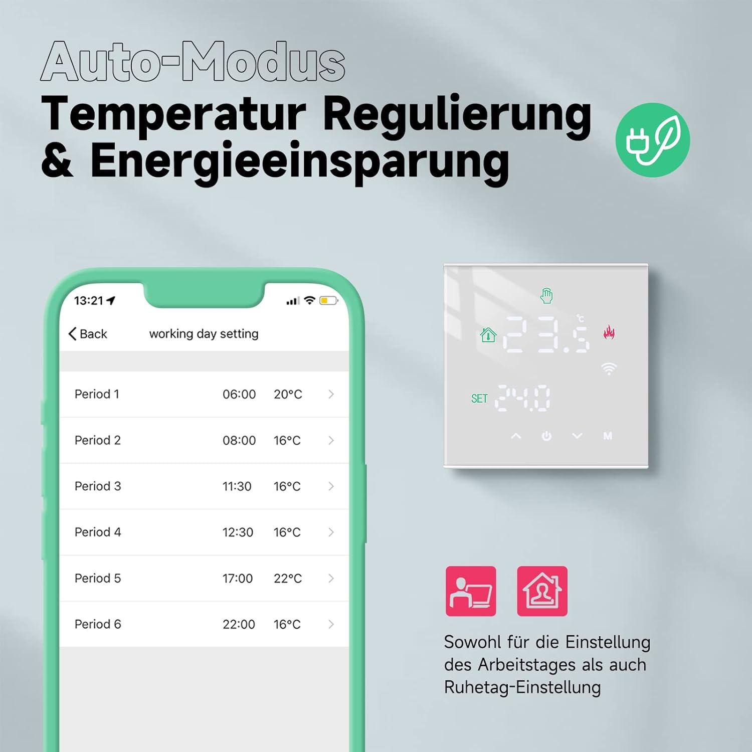 Smartphone mit App zur Temperaturregelung und ein digitaler Thermostat vor blauem Hintergrund.