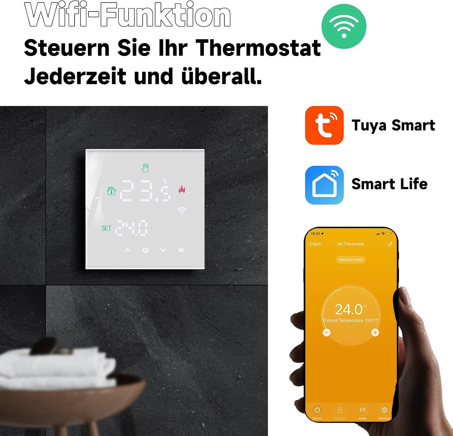 Ein weißes WLAN-Thermostat an schwarzer Wand, mit Smartphone-App-Steuerung.