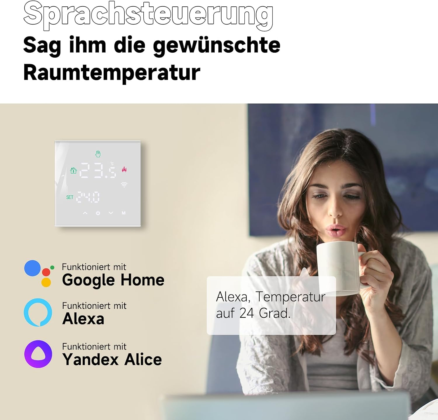 Eine Frau trinkt aus einer Tasse, daneben ein Thermostat und Logos von Google Home, Alexa und Yandex Alice.