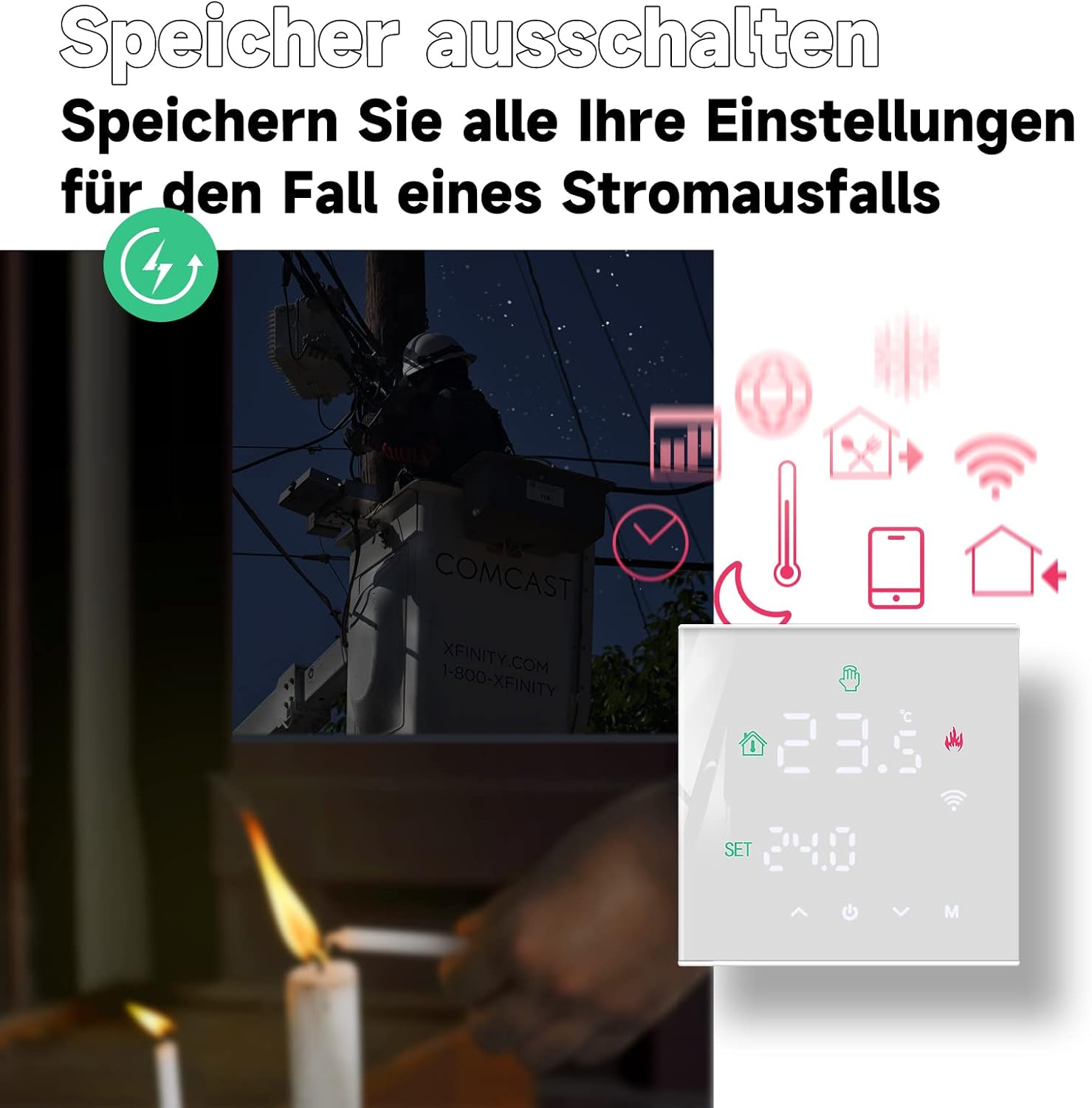 Stromausfall-Grafik mit Kerzen und digitalem Thermostat.