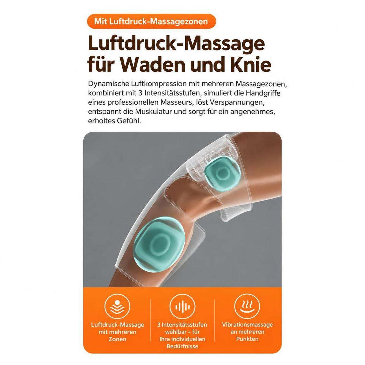 Ein Bein mit Luftdruck-Massagegeräten an Wade und Knie, die für Entspannung und Schmerzlinderung sorgen.
