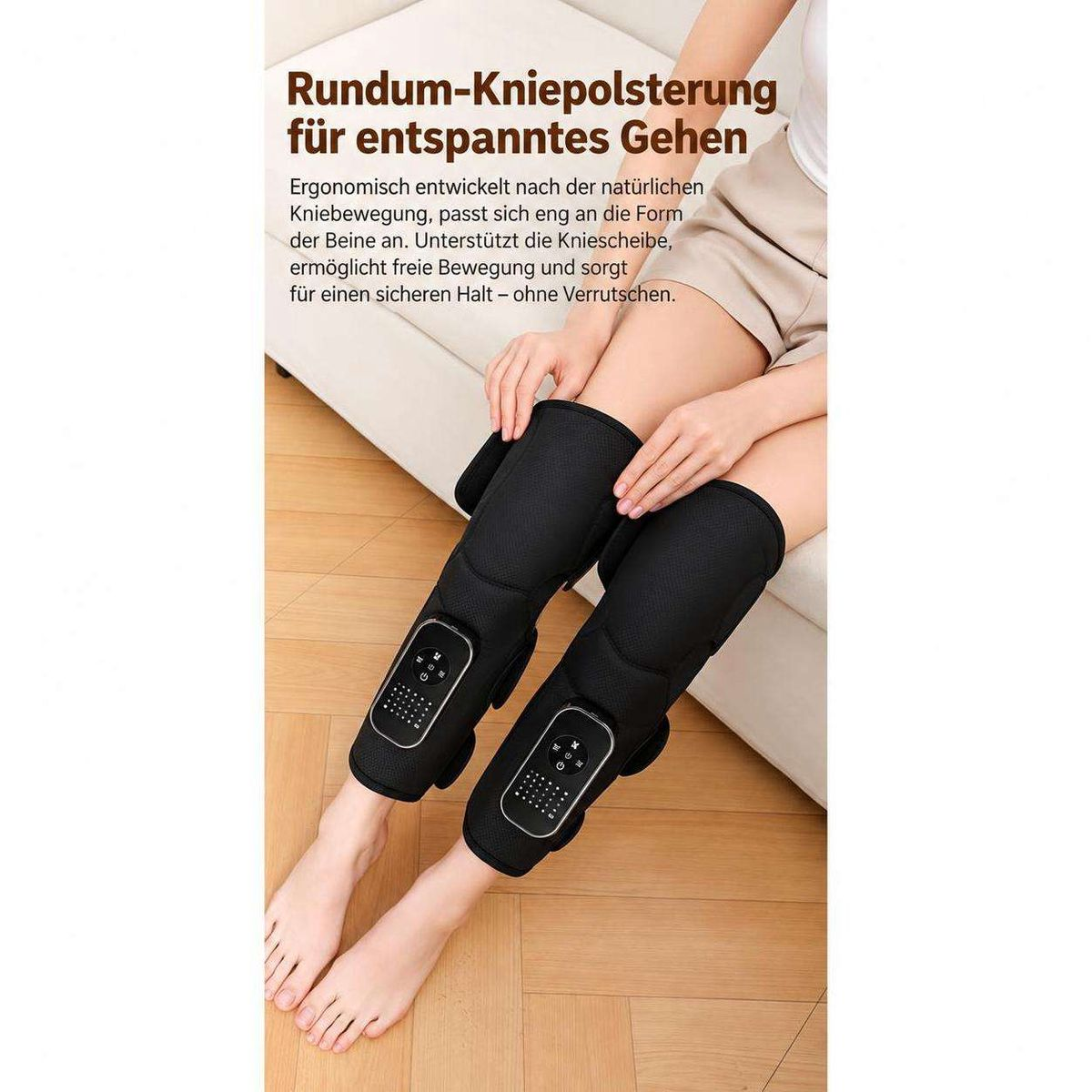 Person sitzt mit schwarzen Kniepolstern, die ein digitales Bedienfeld haben, an den Beinen.