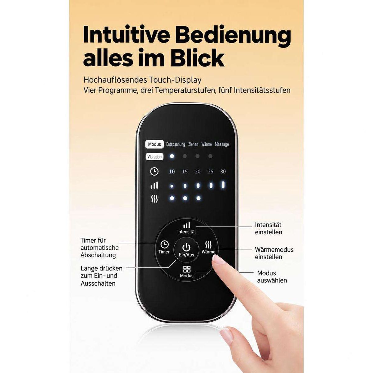 Ein Touch-Display zur Steuerung mit verschiedenen Modi, Timer, Temperatur und Intensitätsstufen.