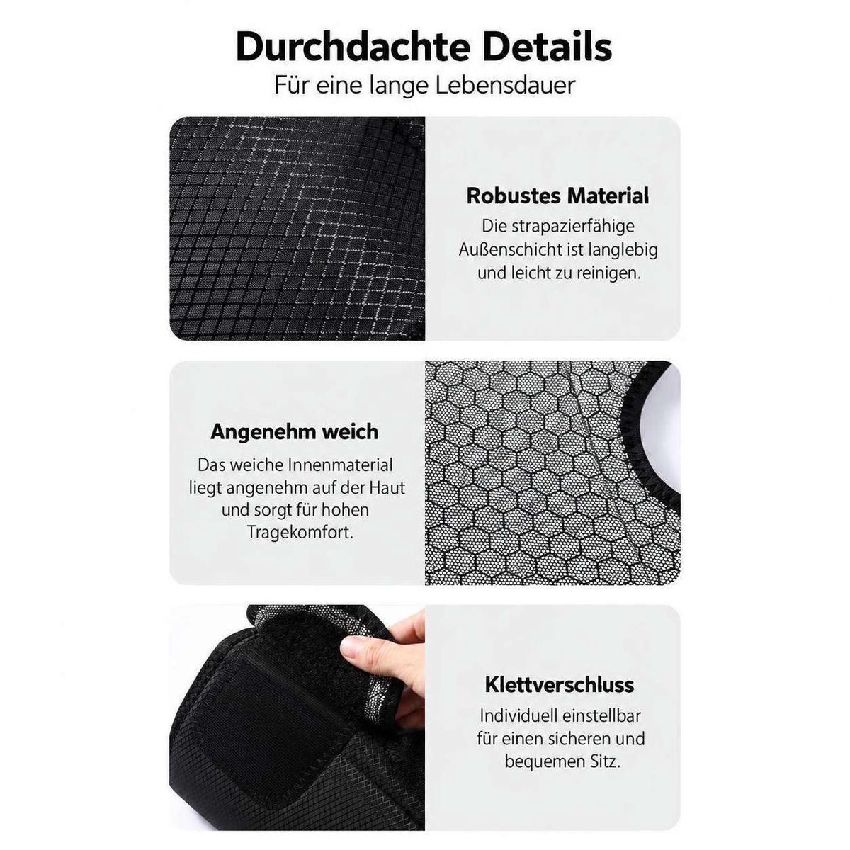 Produktmerkmale: robustes Material, weiches Innenfutter und verstellbarer Klettverschluss.