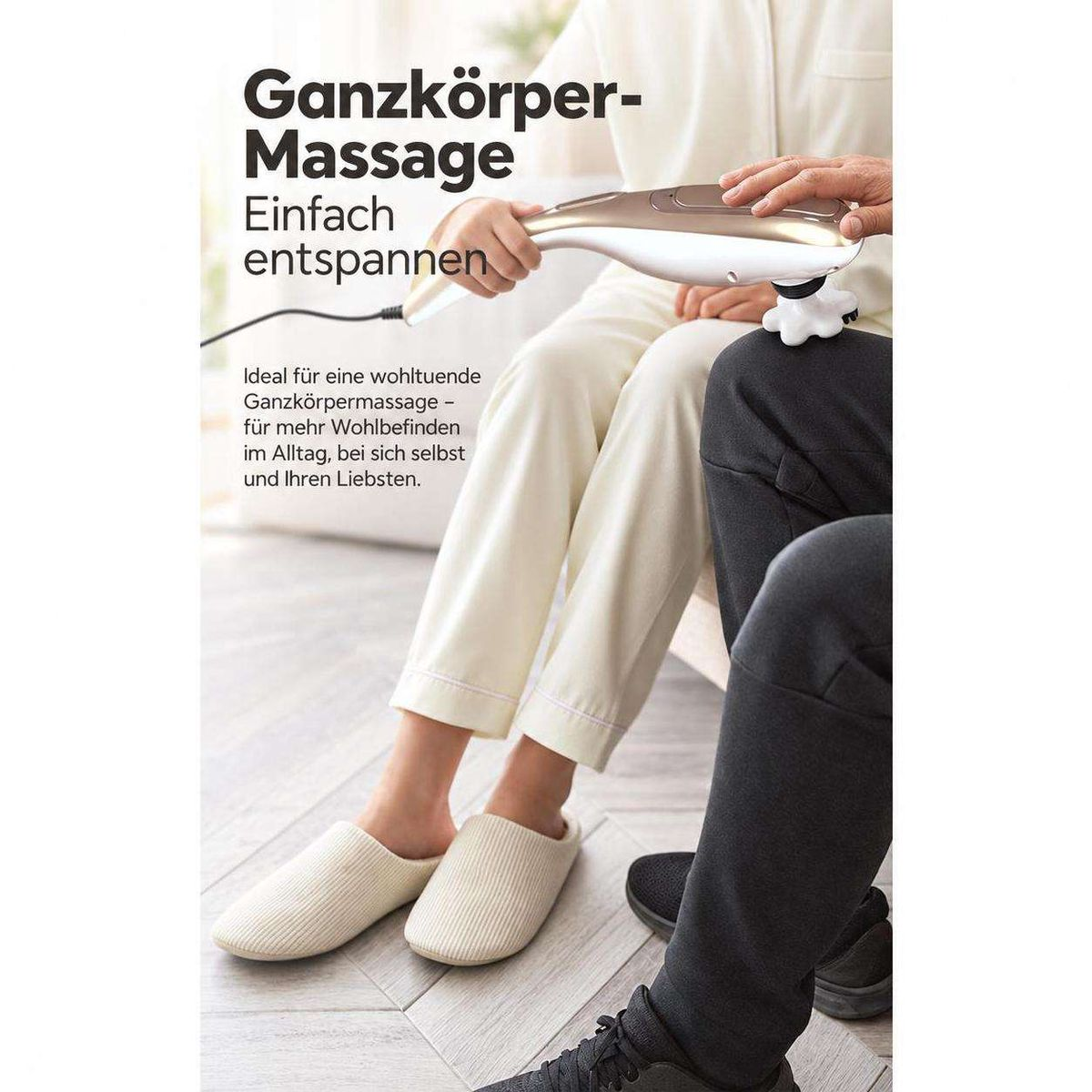 Eine Person benutzt ein Handmassagegerät mit deutschem Text zur Förderung von Ganzkörperentspannung und Wohlbefinden.