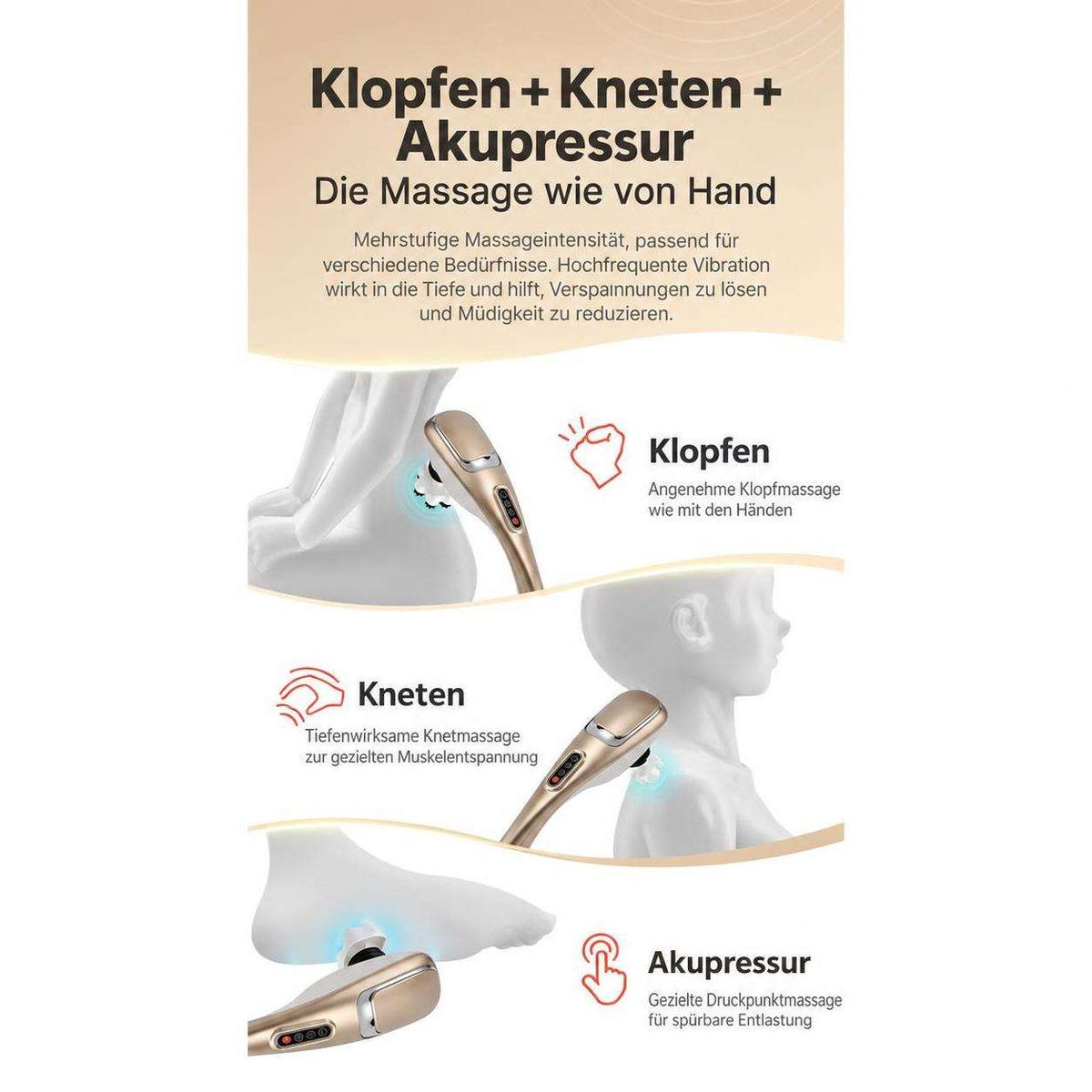 Handmassagegerät mit Tapping-, Knet- und Akupressur-Funktionen für verschiedene Körperteile und Entspannung.