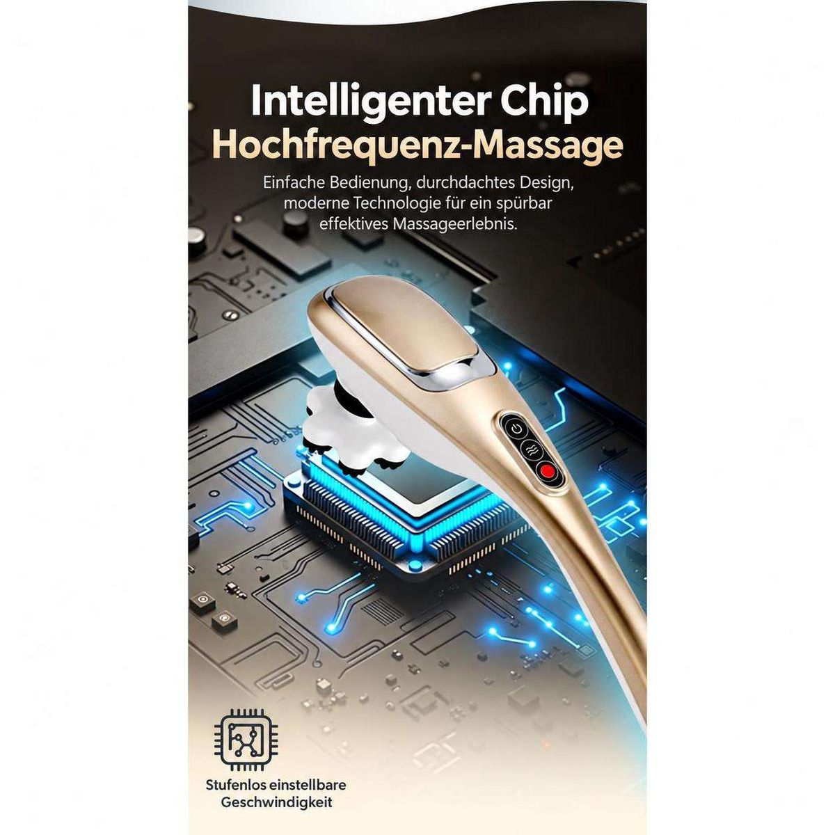 Ein goldenes Massagegerät ruht auf einer leuchtenden blauen Computer-Platine mit Text auf Deutsch.