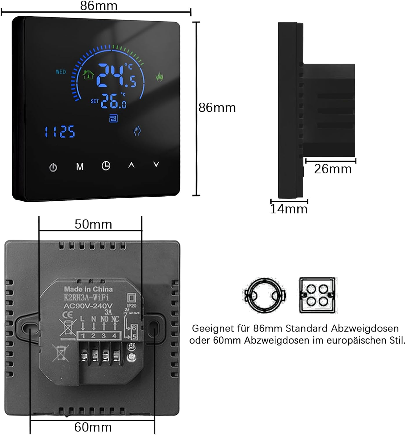 Diagramm mit Maßen für ein schwarzes Thermostat mit digitalem Display.