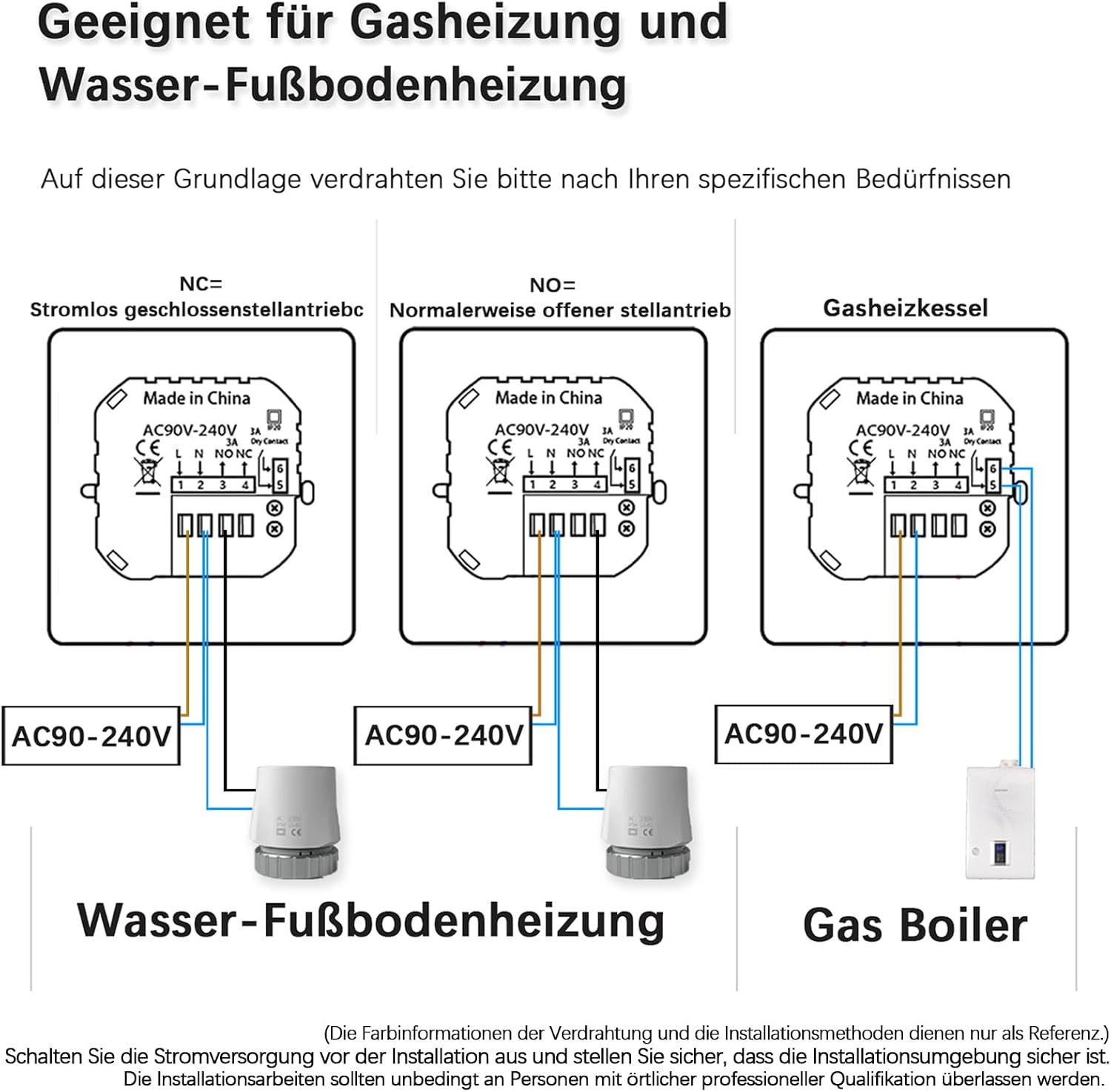Diagramm zeigt Verdrahtungsmöglichkeiten für Gasheizung und Fußbodenheizung mit verschiedenen Ventilen.