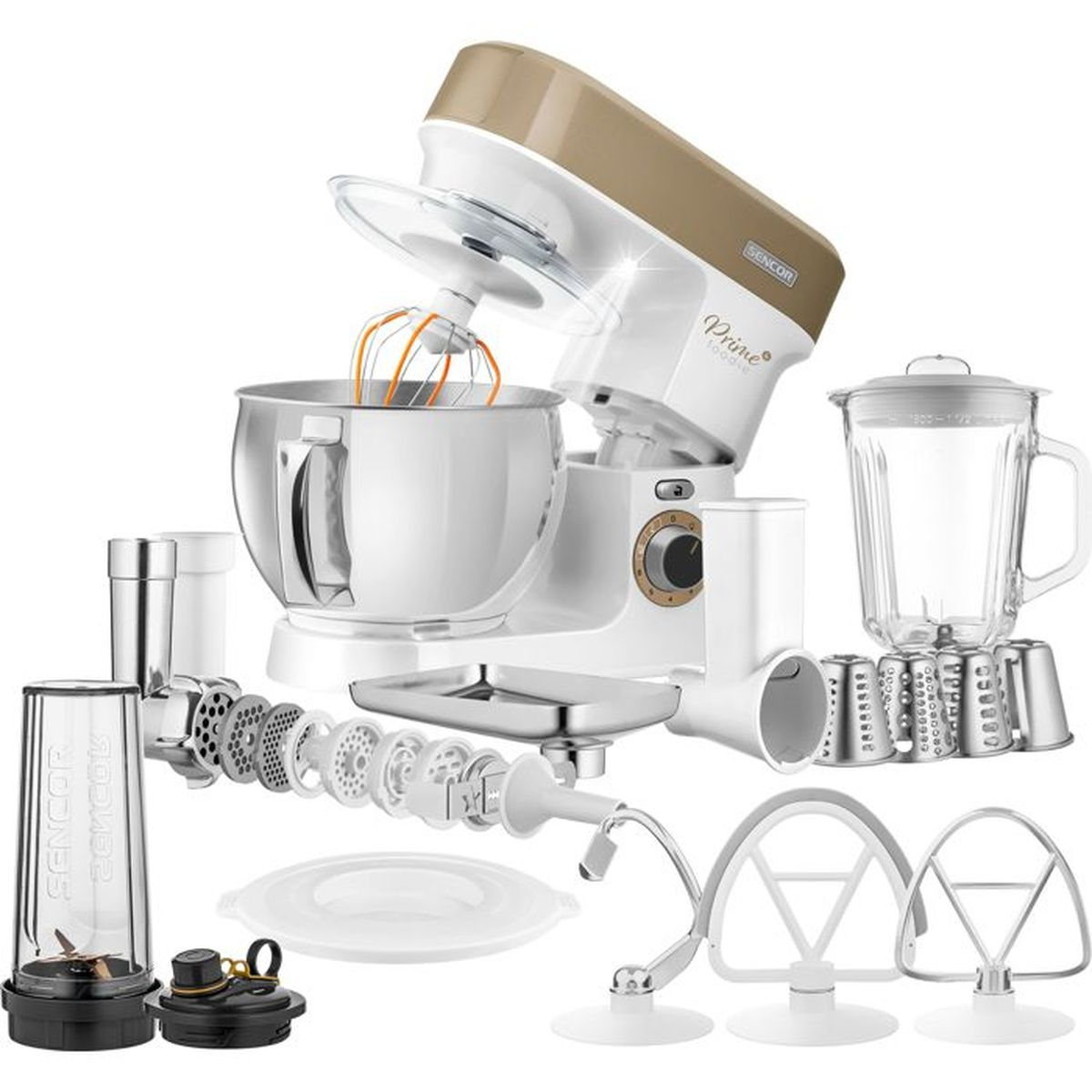 Weiß-beige Küchenmaschine mit Edelstahlschüssel, Standmixer, Fleischwolf-Aufsätzen und Rührbesen.