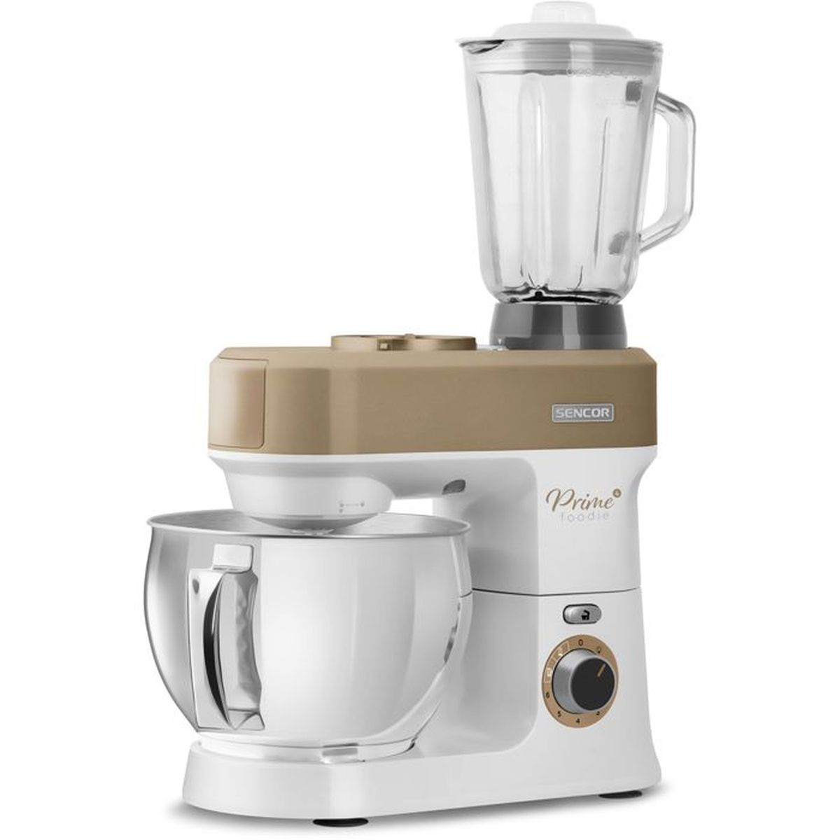 Eine weiße und beige Küchenmaschine mit einer Edelstahlschüssel und einem aufgesetzten Mixbecher auf weißem Hintergrund.