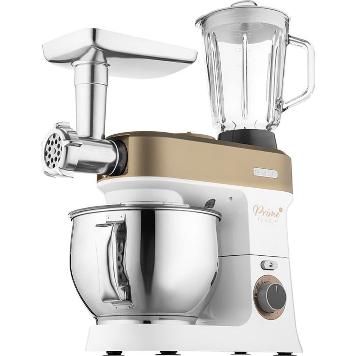 Weiß-goldene Küchenmaschine mit Rührschüssel, Fleischwolf-Aufsatz und Glasmixer.