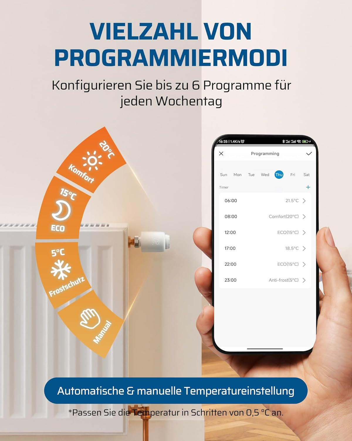 Eine Hand hält ein Smartphone mit einer Thermostat-App, daneben ein Heizkörper mit Modi wie Komfort, Eco und Frostschutz.