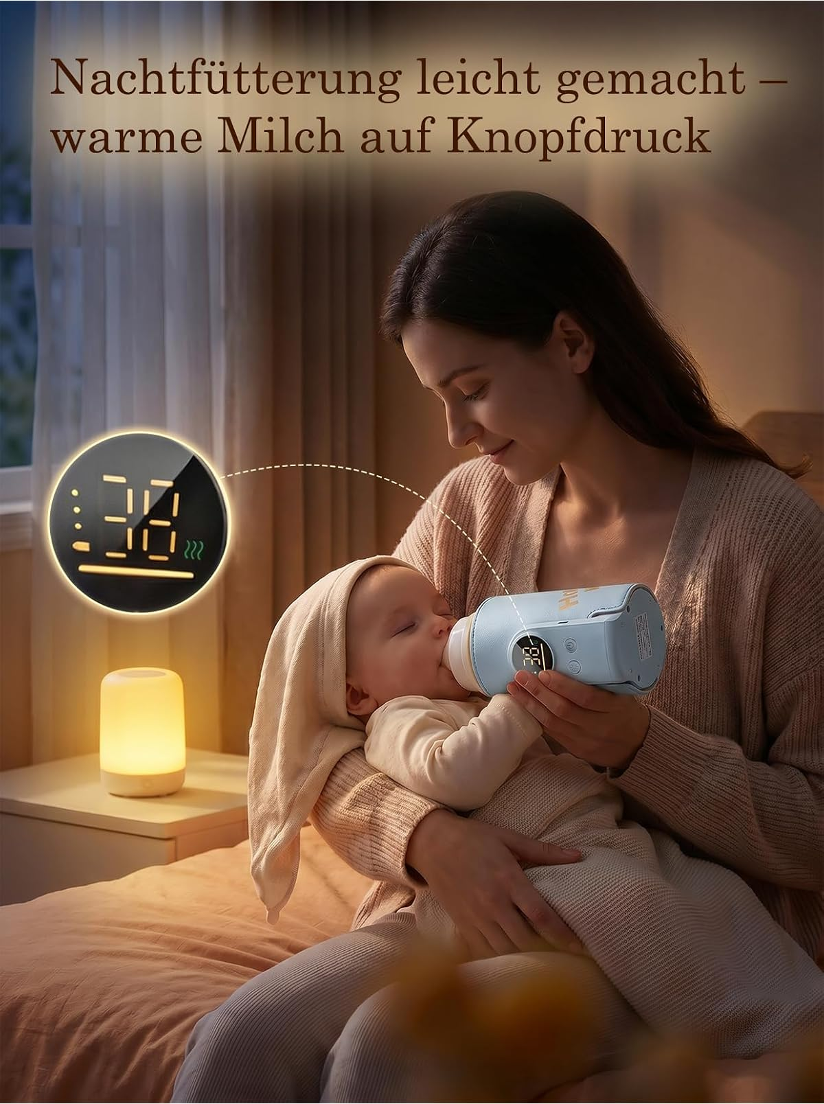 Eine Frau hält ein Baby und füttert es nachts mit einer warmen Milchflasche im Bett.