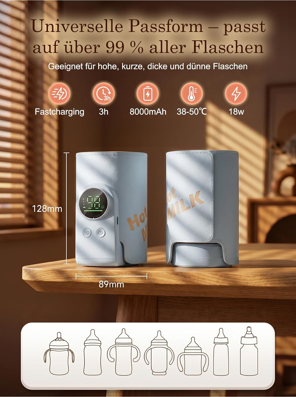 Tragbarer Flaschenwärmer mit Display und Batterie-Spezifikationen auf Holztisch.