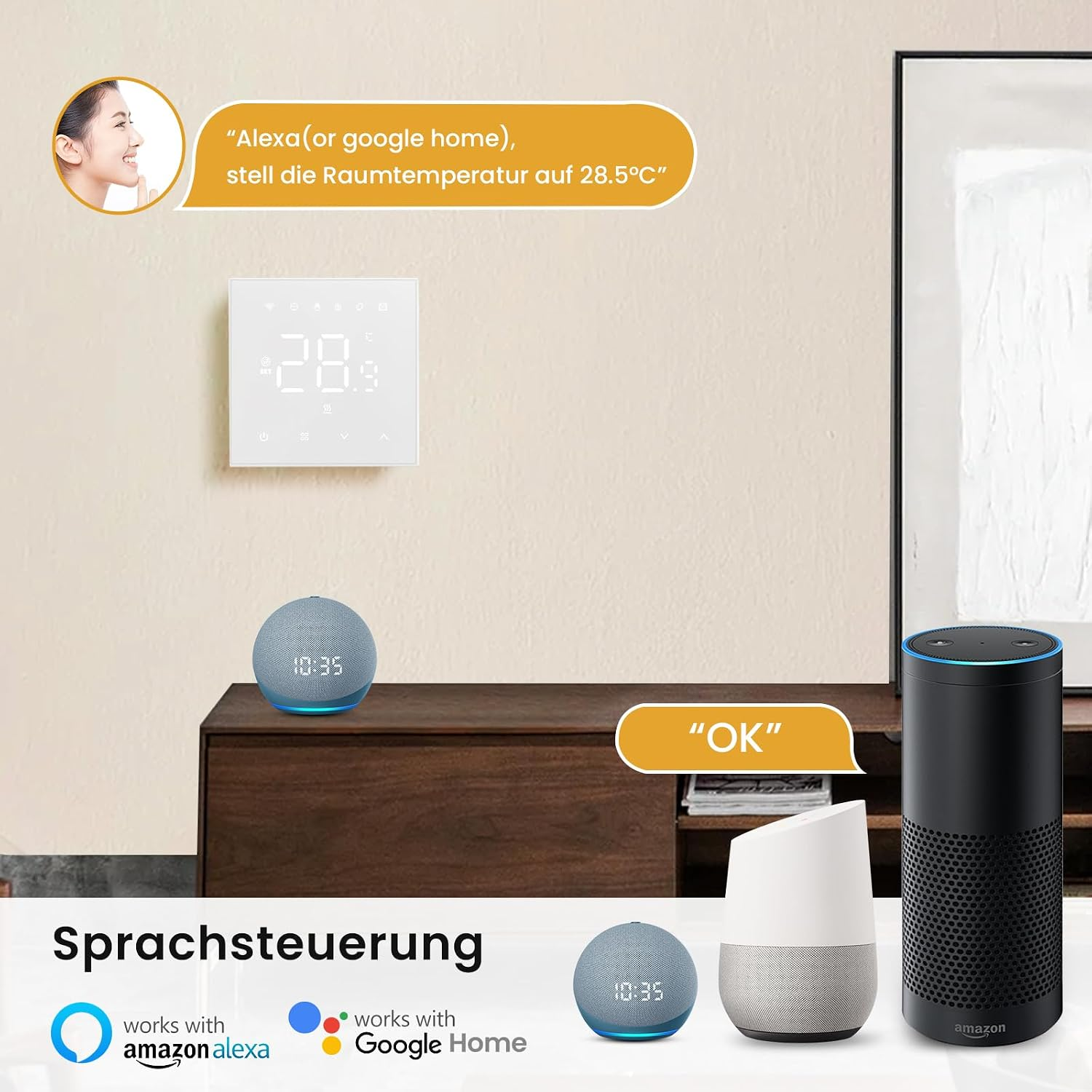 Smart-Home-Geräte wie Lautsprecher und Thermostat ermöglichen Sprachsteuerung über Alexa und Google.