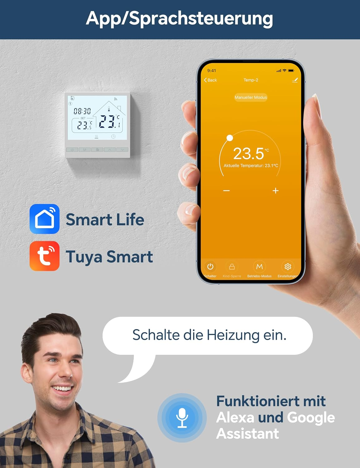 Smartphone mit App-Steuerung und Thermostat für Smart Home und Sprachsteuerung.