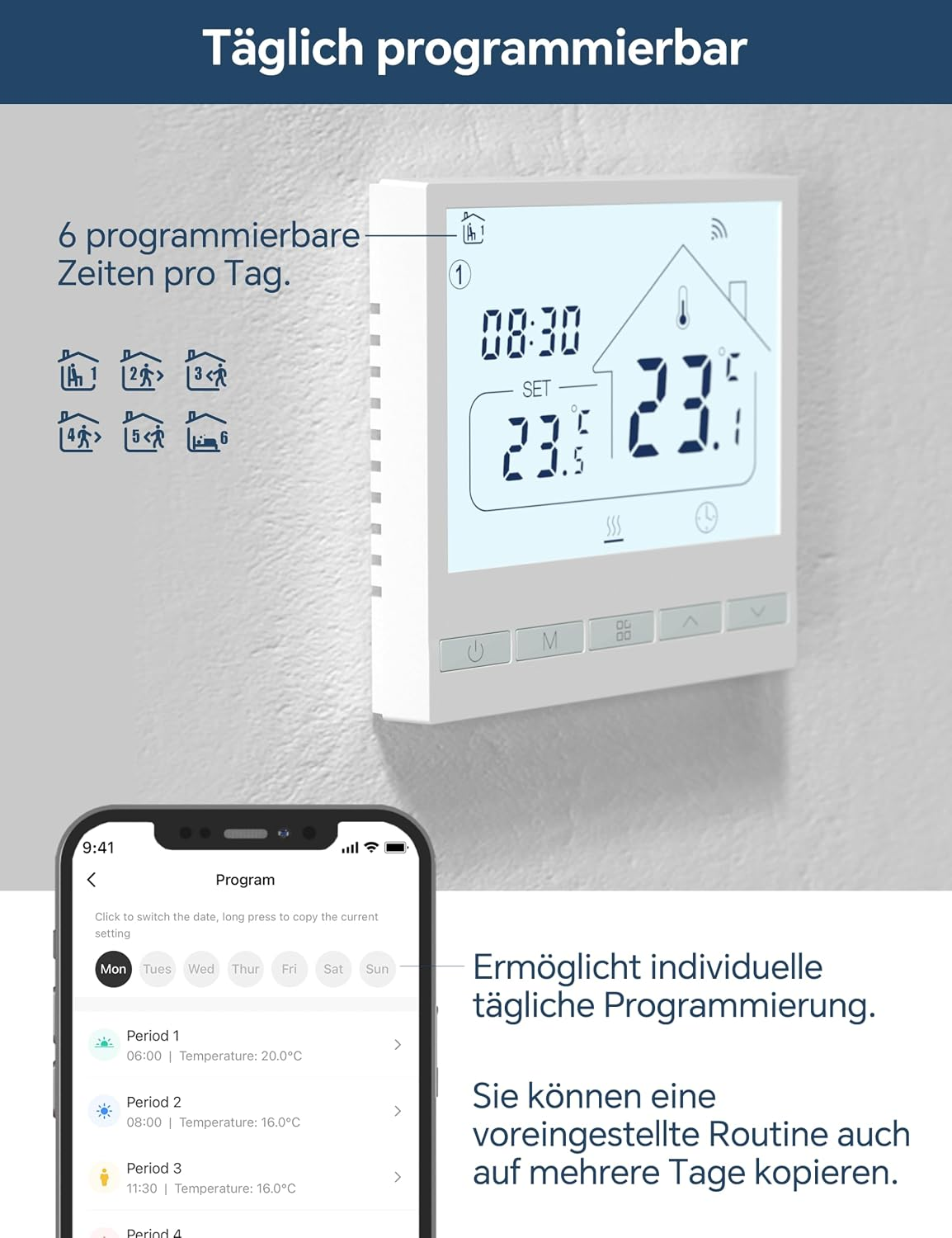 Ein weißes digitales Thermostat und ein Smartphone mit einer Programmier-App an einer strukturierten Wand.