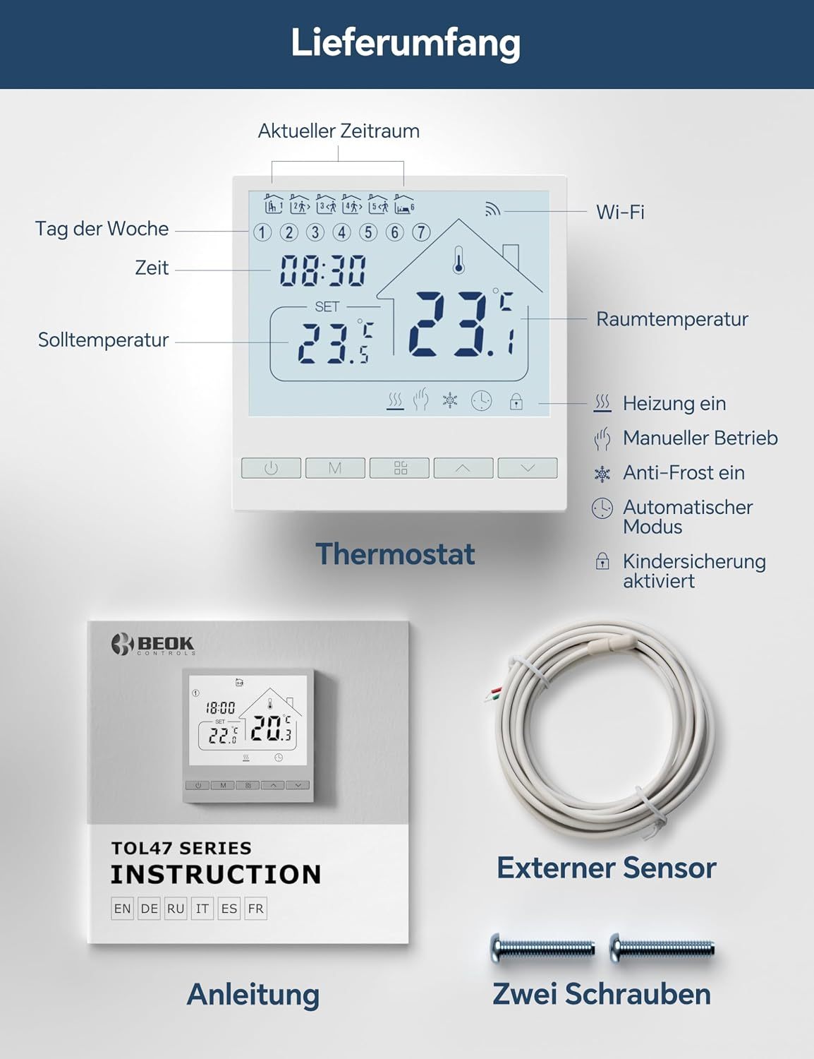 Lieferumfang eines Thermostats: Gerät, Handbuch, Sensor und zwei Schrauben.