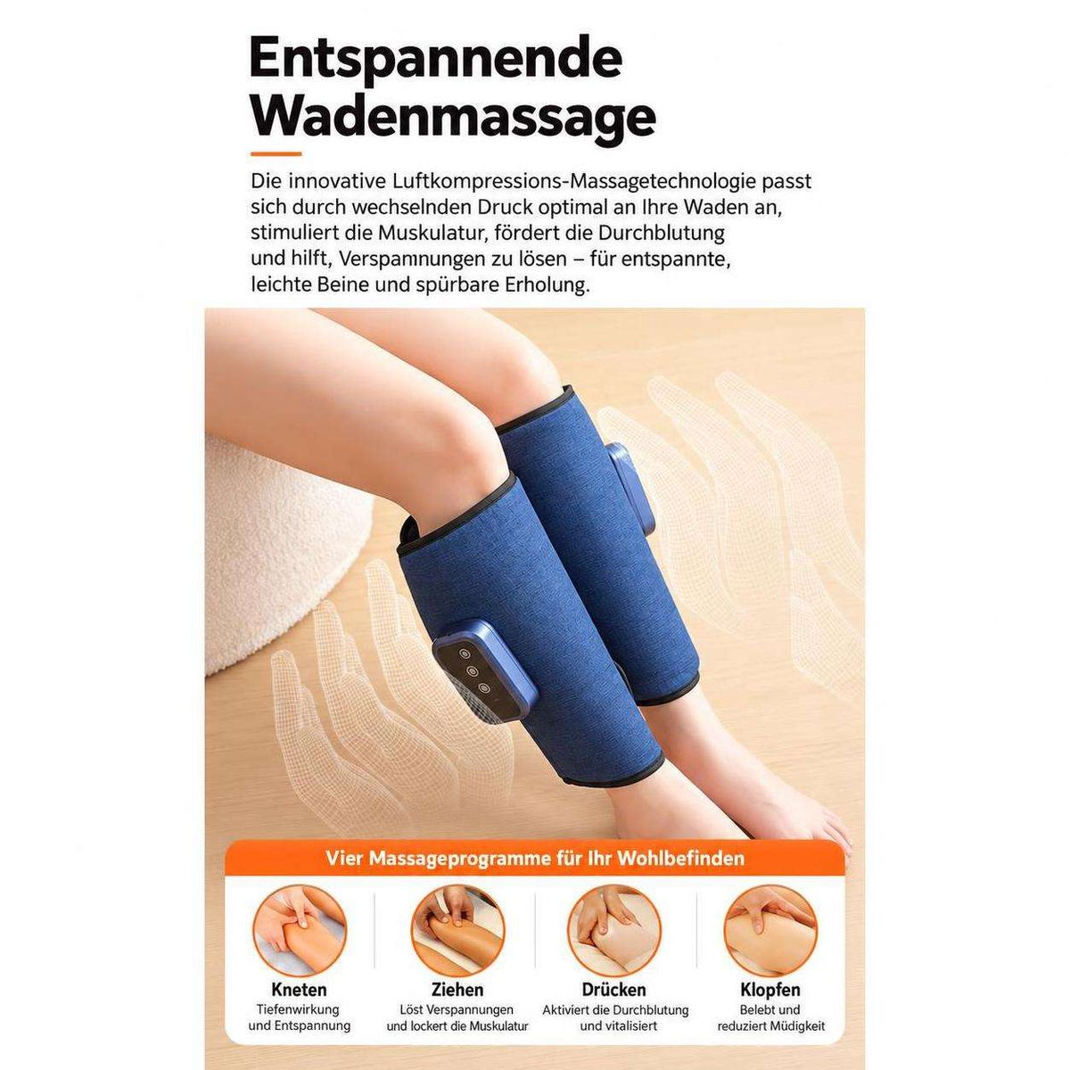 Produktwerbung für Beinmassagegeräte mit blauen Manschetten auf den Waden.