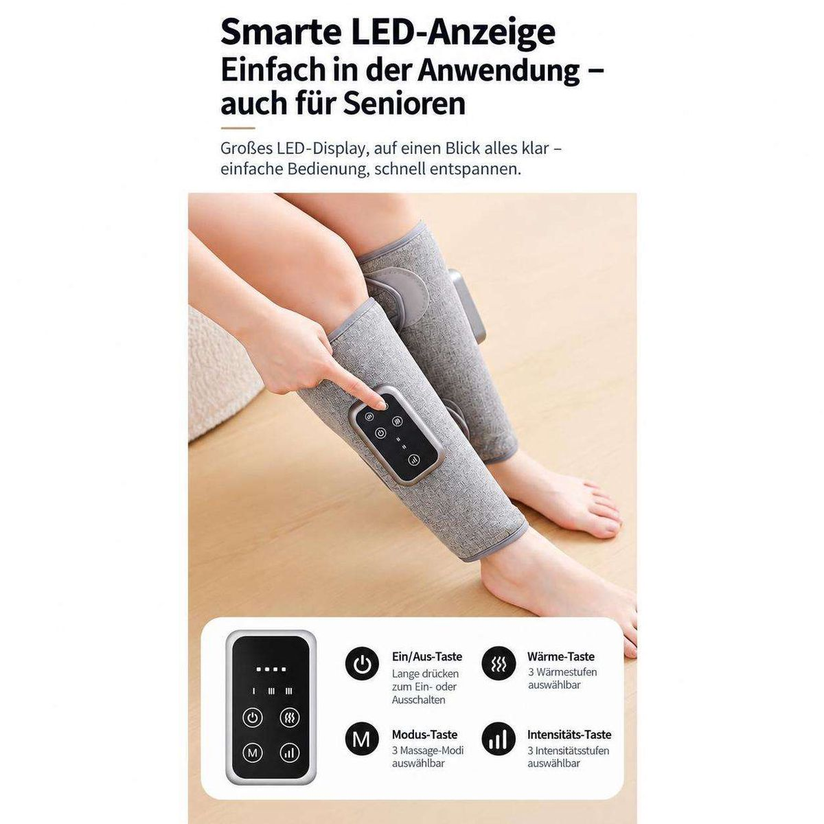 Eine Person sitzt und bedient die Steuerung eines grauen LED-Knie- und Wadenmassagegeräts.