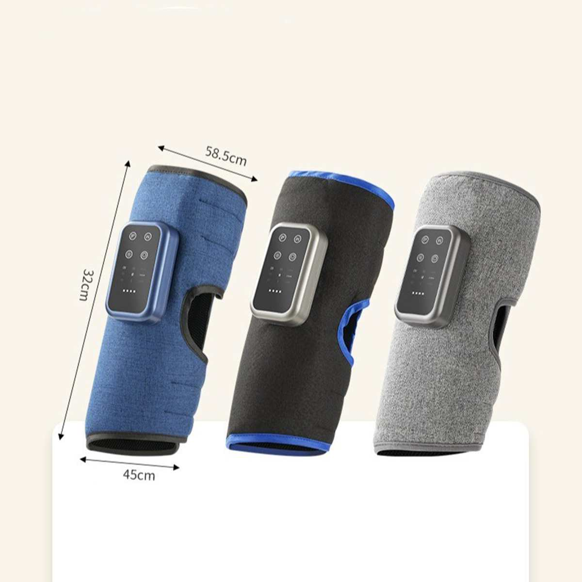 Drei Kniebandagen mit Steuergeräten in Blau, Schwarz und Grau, mit Maßangaben.