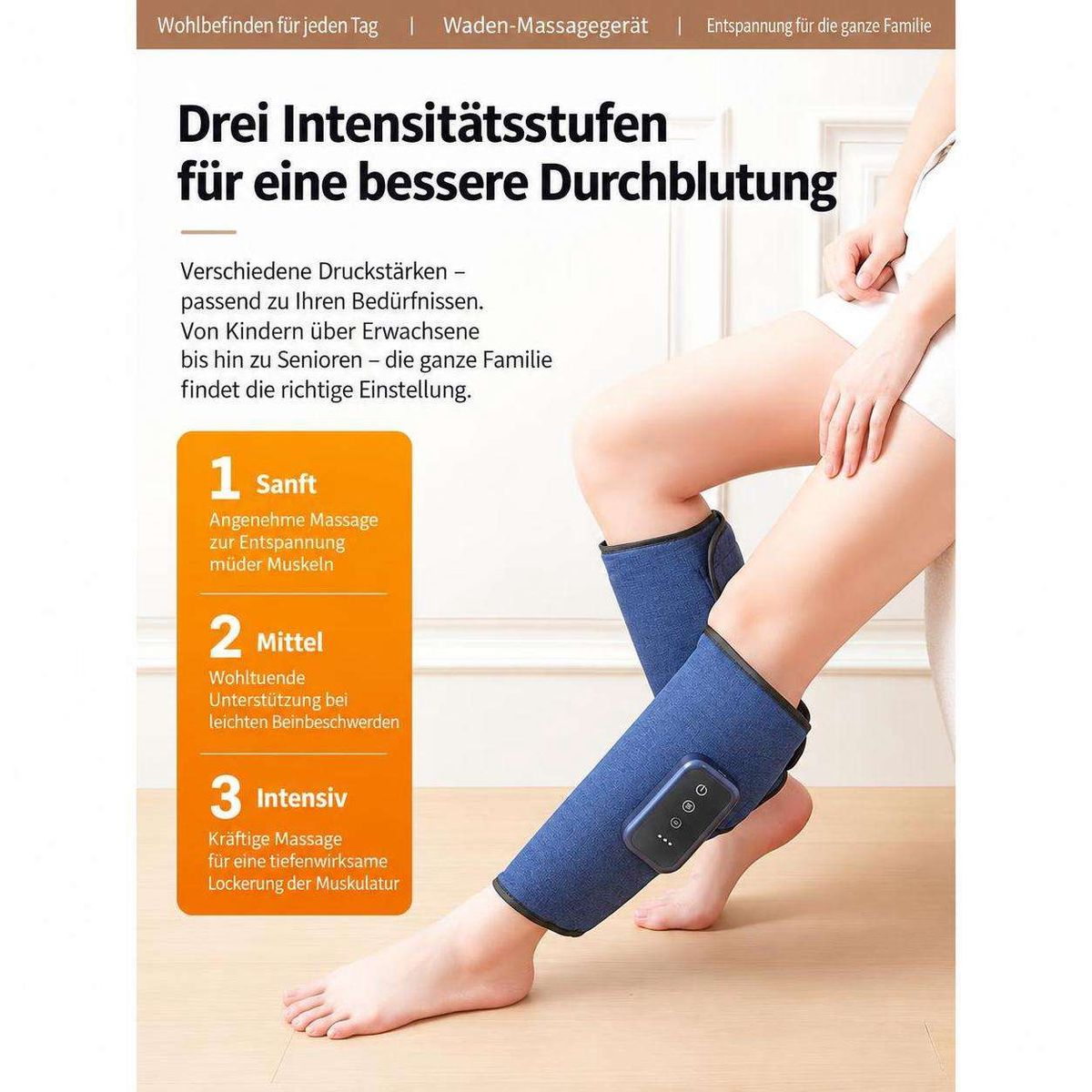 Person trägt blaue Waden-Massagegeräte an beiden Beinen. Text und drei Intensitätsstufen sind abgebildet.