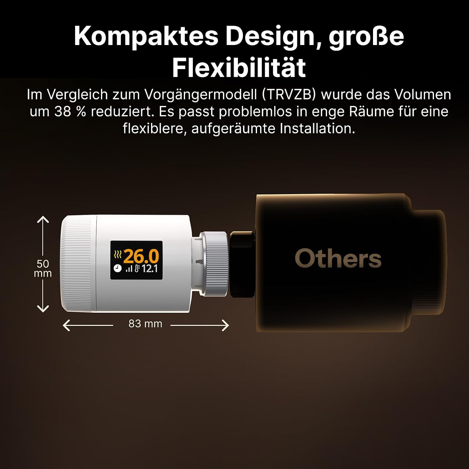Kompakter weißer Heizkörperregler mit Digitaldisplay im Vergleich zu einem größeren schwarzen Modell.