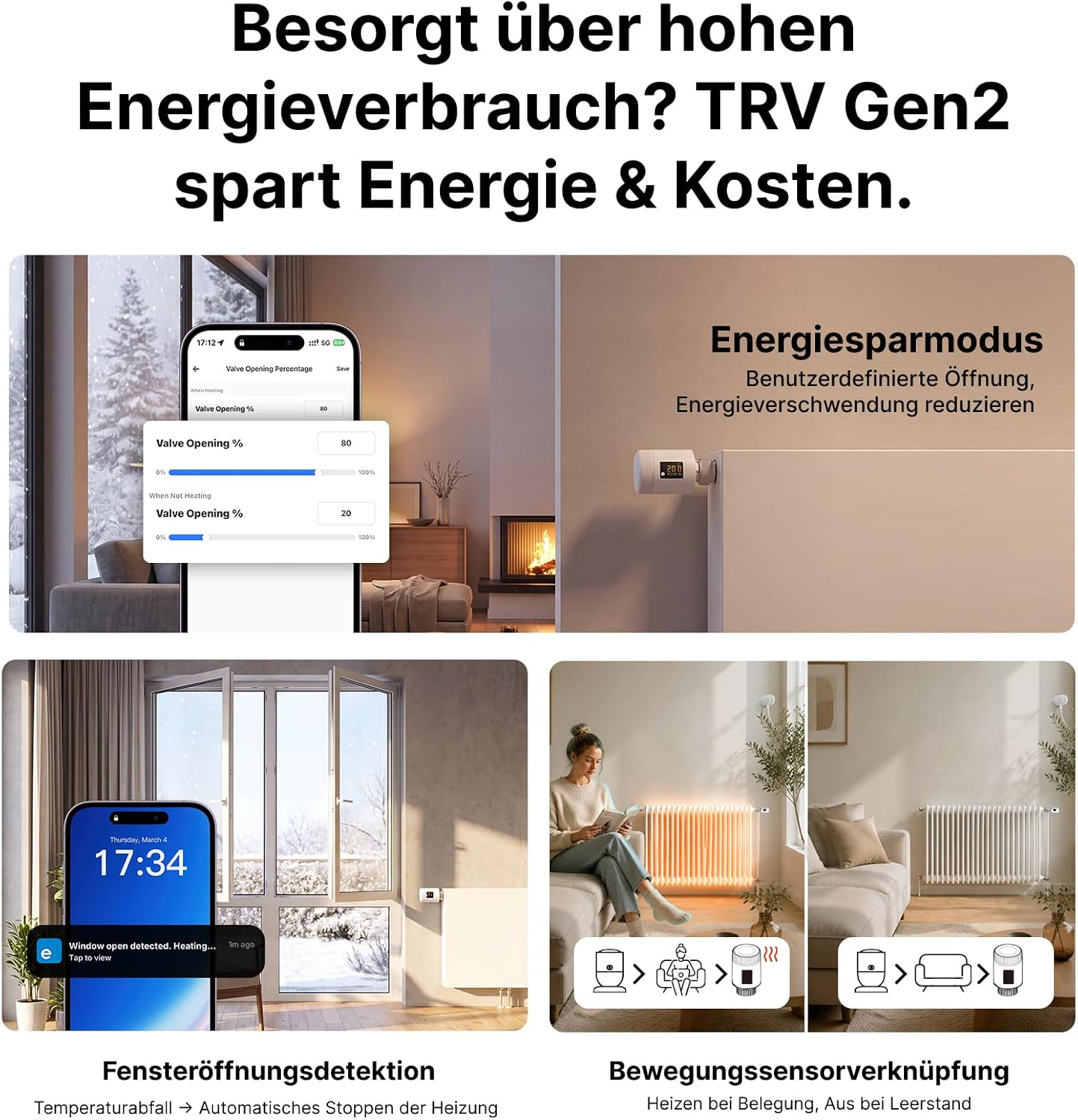 Grafik zeigt smarte Heizungssteuerung mit App, Thermostat, Fenstererkennung und Bewegungssensor für Energieersparnis.