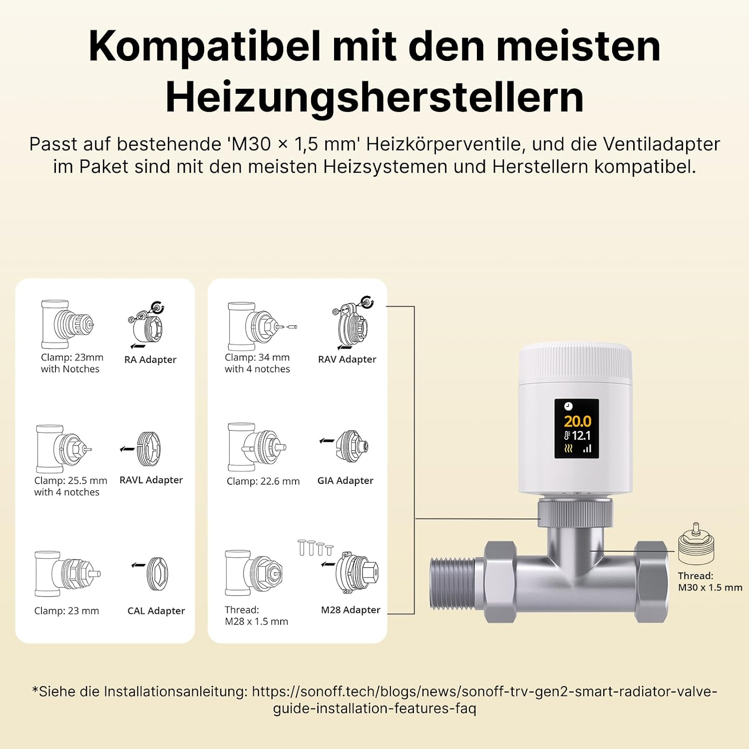 Diagramm zeigt Kompatibilität von intelligenten Heizkörperthermostaten mit verschiedenen Ventiladaptern.
