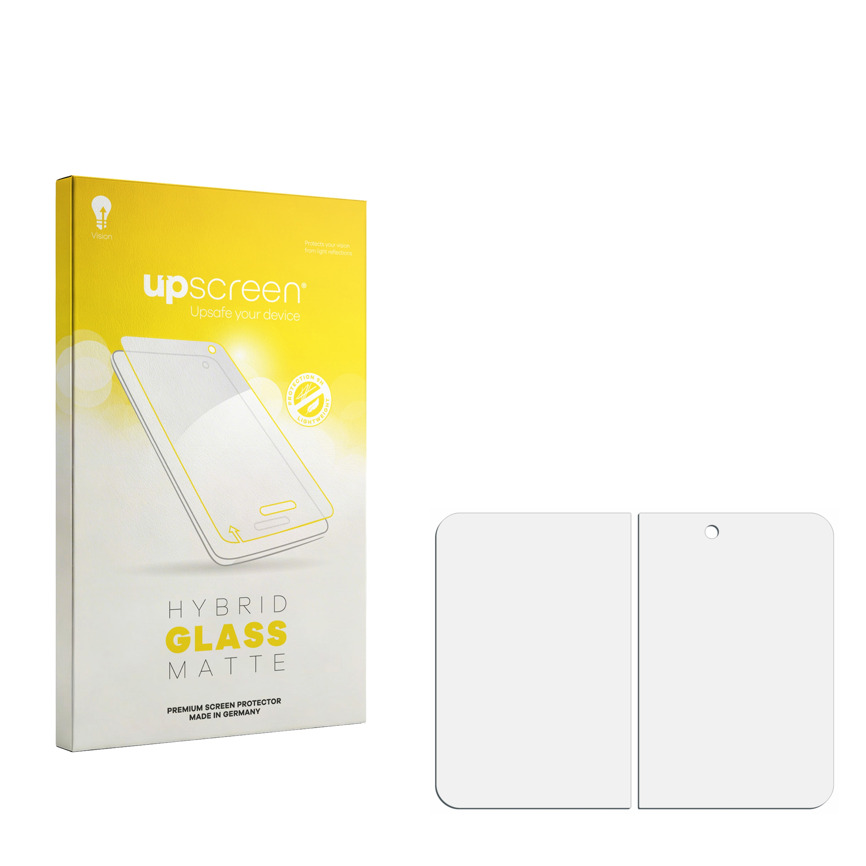 Upscreen Hybrid Glass Matte Verpackung mit zwei Schutzfolien auf weißem Hintergrund.