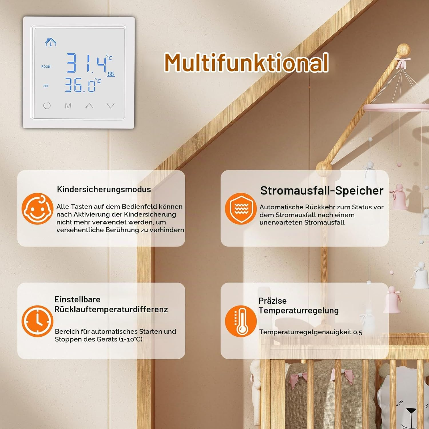 Multifunktionaler Thermostat mit vier Erklärungsboxen auf Holzhintergrund.