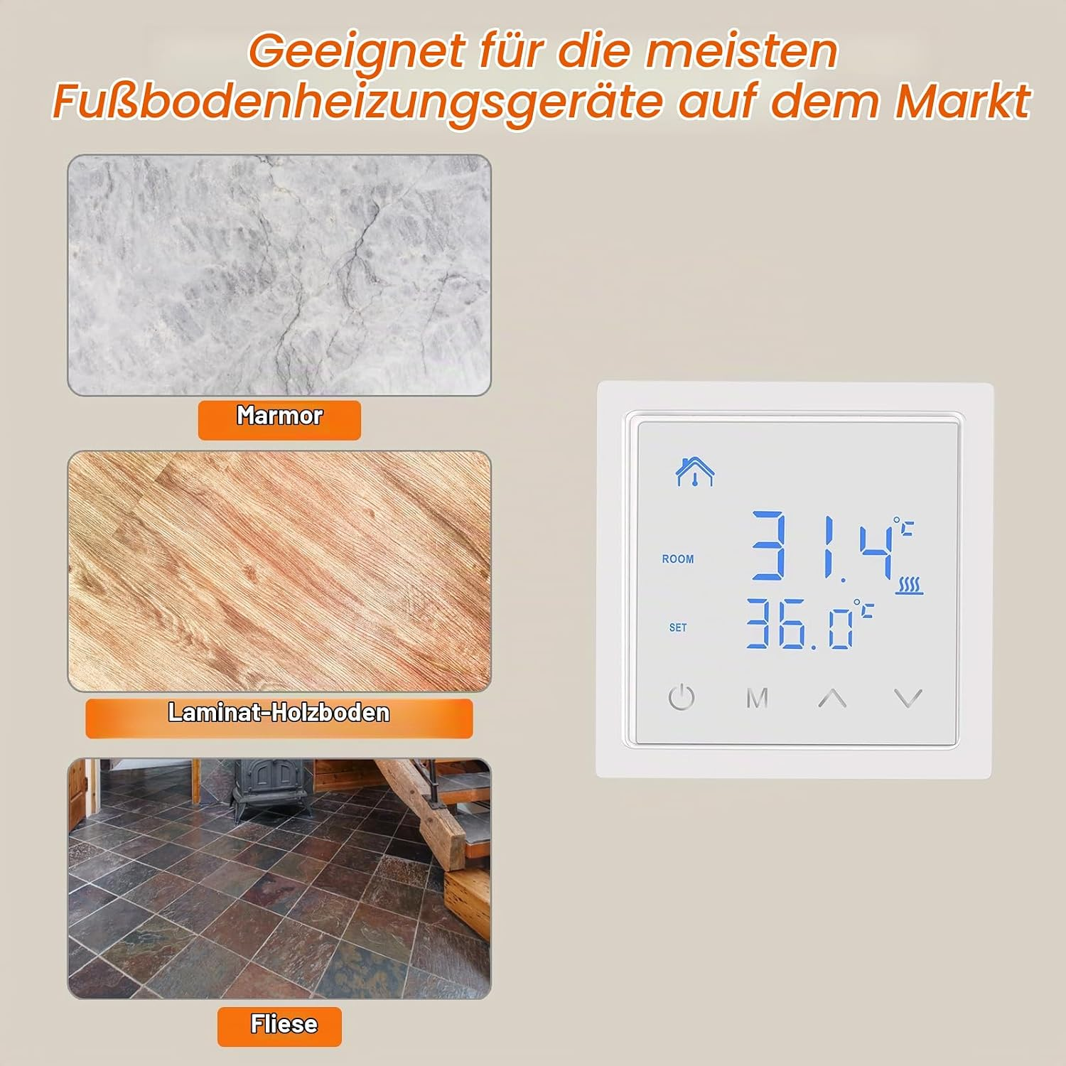 Ein weißer Thermostat und drei Bodenbeläge: Marmor, Laminat und Fliesen.