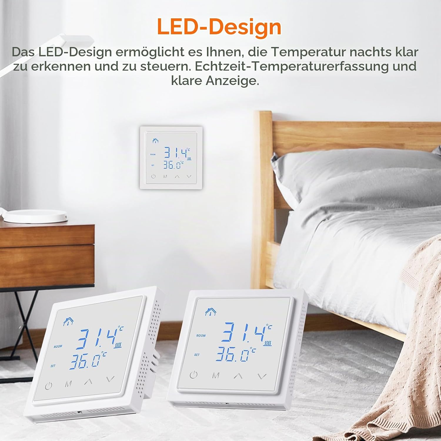 Ein weißes LED-Thermostat in einem Schlafzimmer, mit zwei Einheiten im Vordergrund und einer an der Wand.