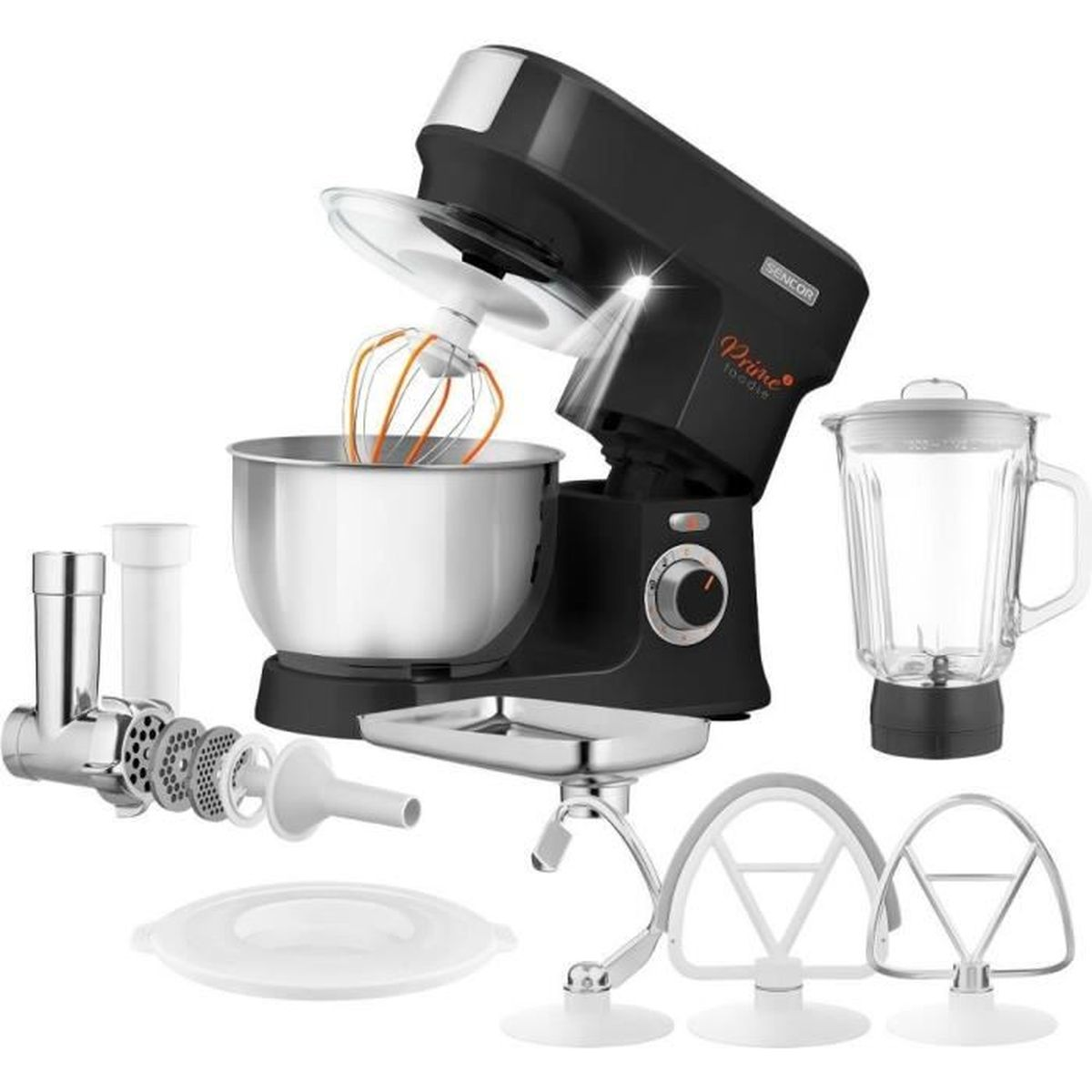 Schwarze Küchenmaschine mit Edelstahl-Rührschüssel, Mixeraufsatz, Fleischwolf und verschiedenen Rühraufsätzen.