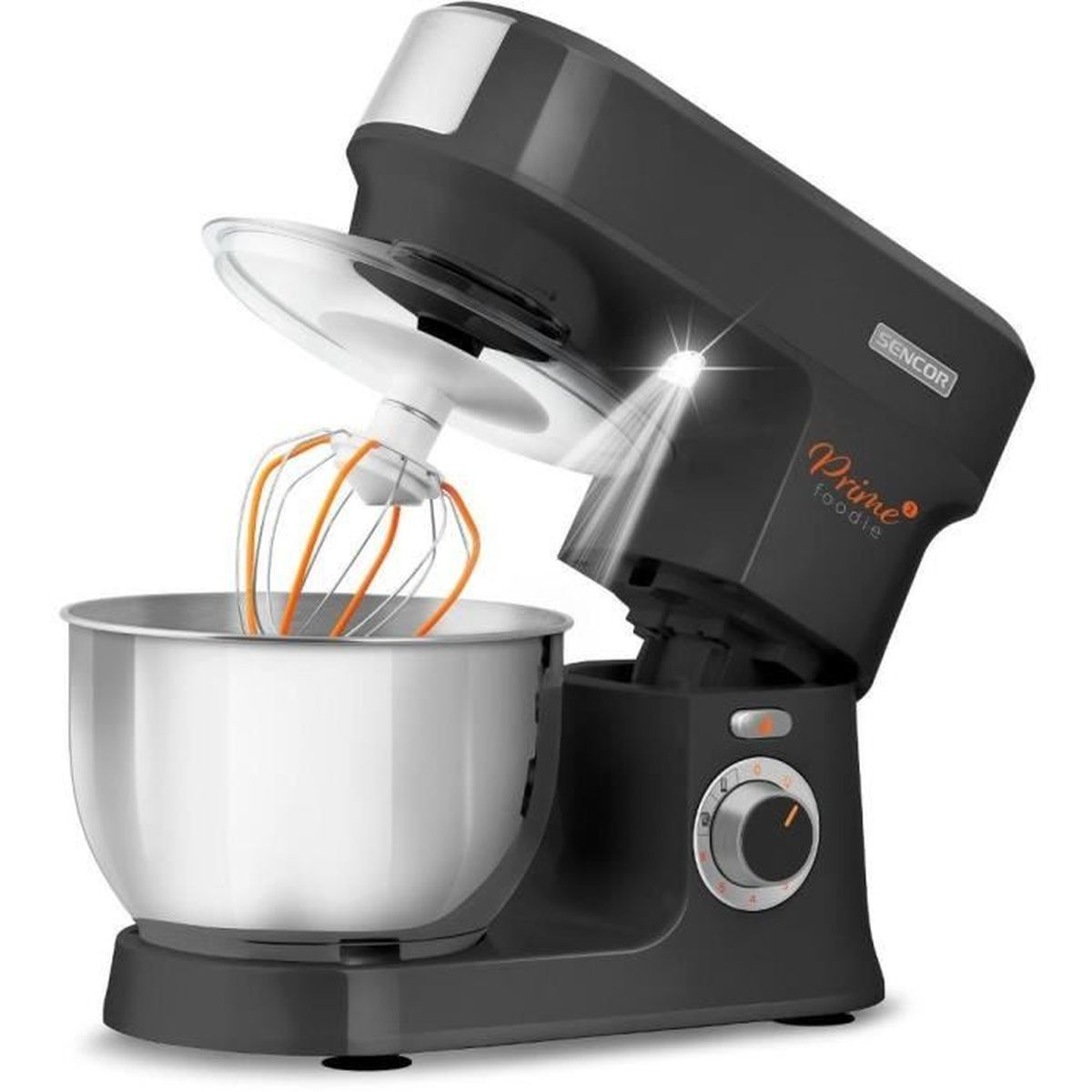 Dunkelgraue Küchenmaschine mit Edelstahlschüssel und Schneebesen.