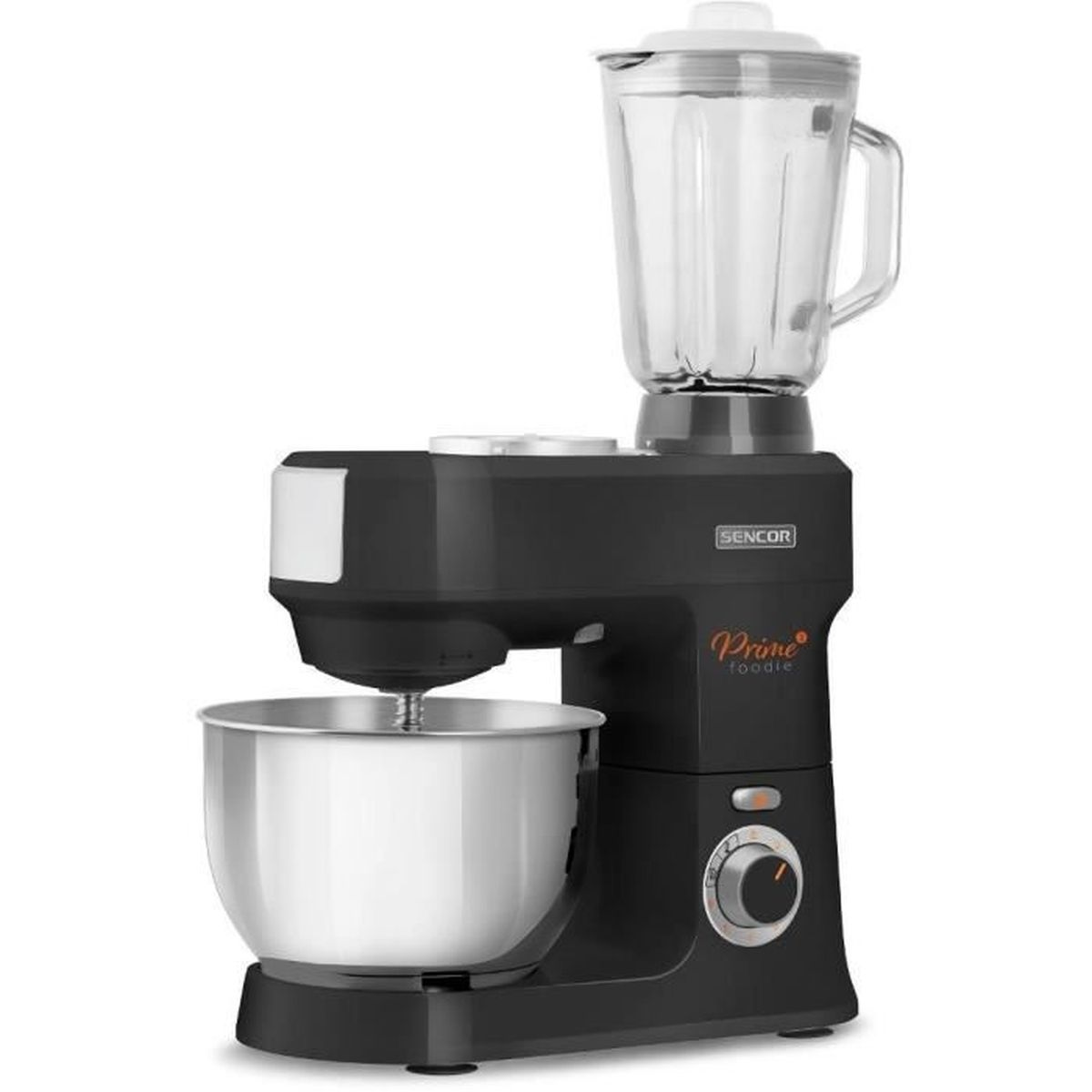 Schwarze Küchenmaschine mit Edelstahl-Rührschüssel und aufgesetztem Glasmixer.