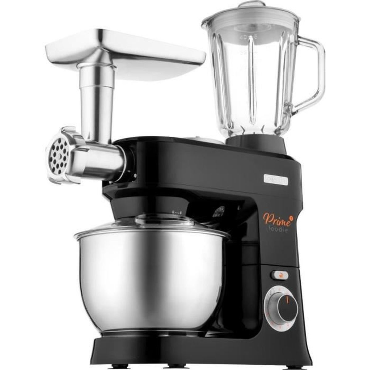 Schwarze Küchenmaschine mit Edelstahl-Rührschüssel, Fleischwolf und gläsernem Mixeraufsatz auf weißem Hintergrund.