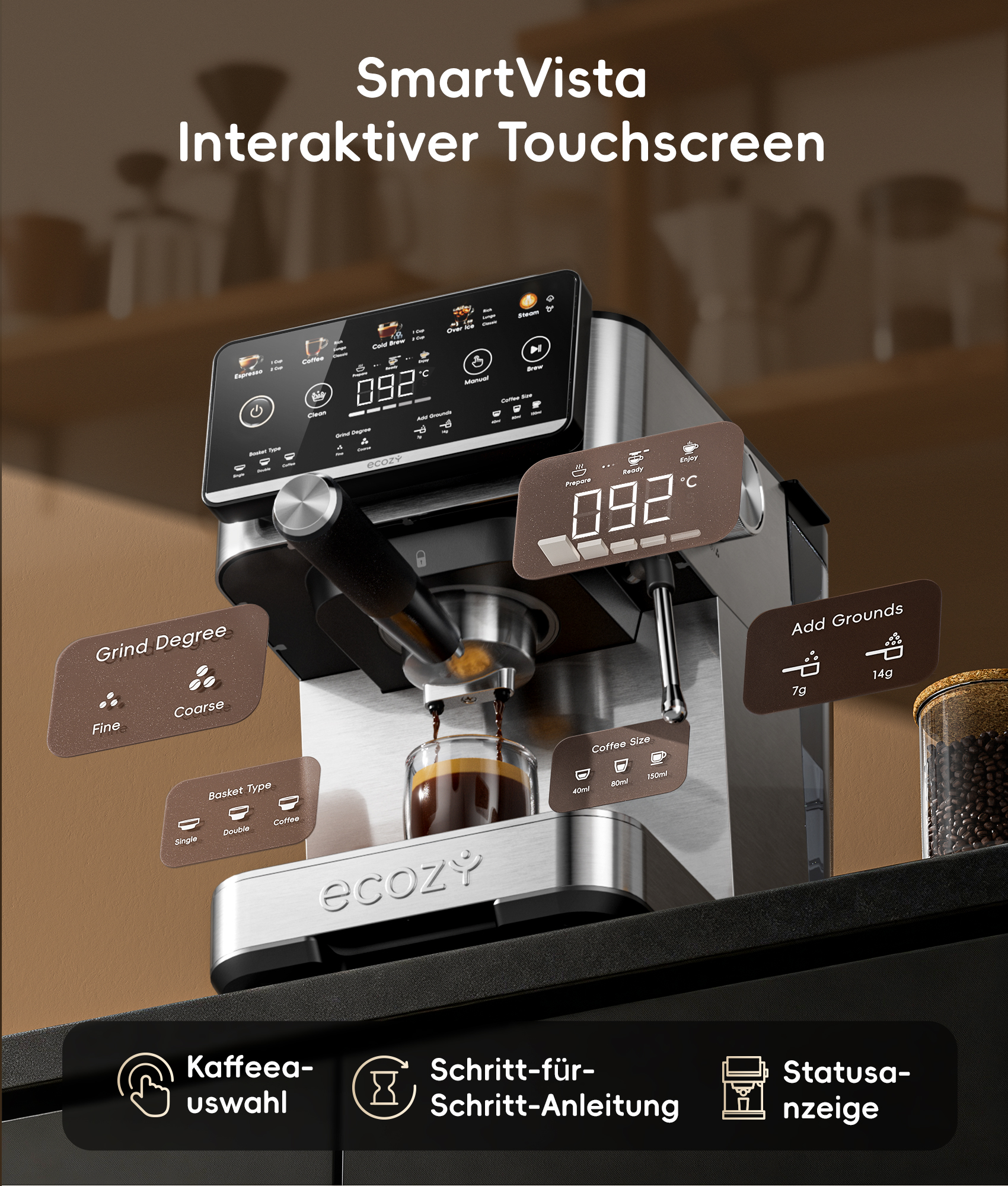 Moderne Espressomaschine mit Touchscreen, die Kaffee in ein Glas brüht, mit erklärenden Infografiken.