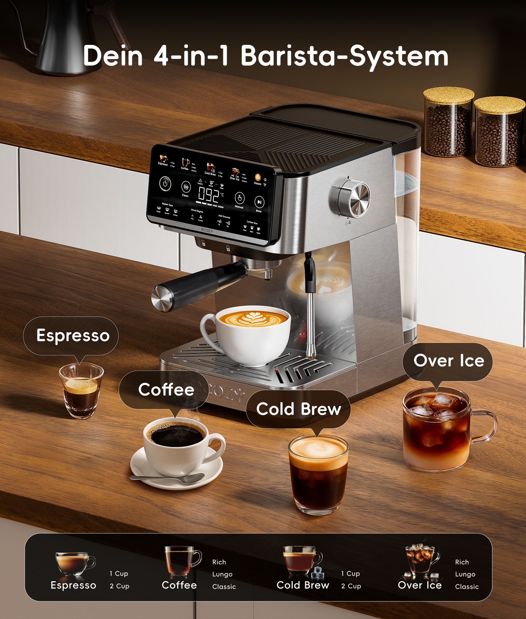 Eine Edelstahl-Espressomaschine auf Holztisch mit vier verschiedenen Kaffeespezialitäten.
