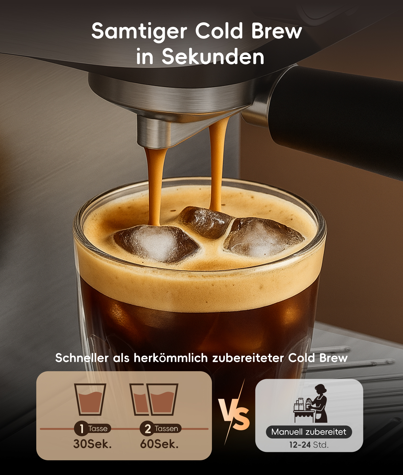 Espresso fließt in ein Glas mit Eiswürfeln, daneben Text über schnelle Cold-Brew-Zubereitung.