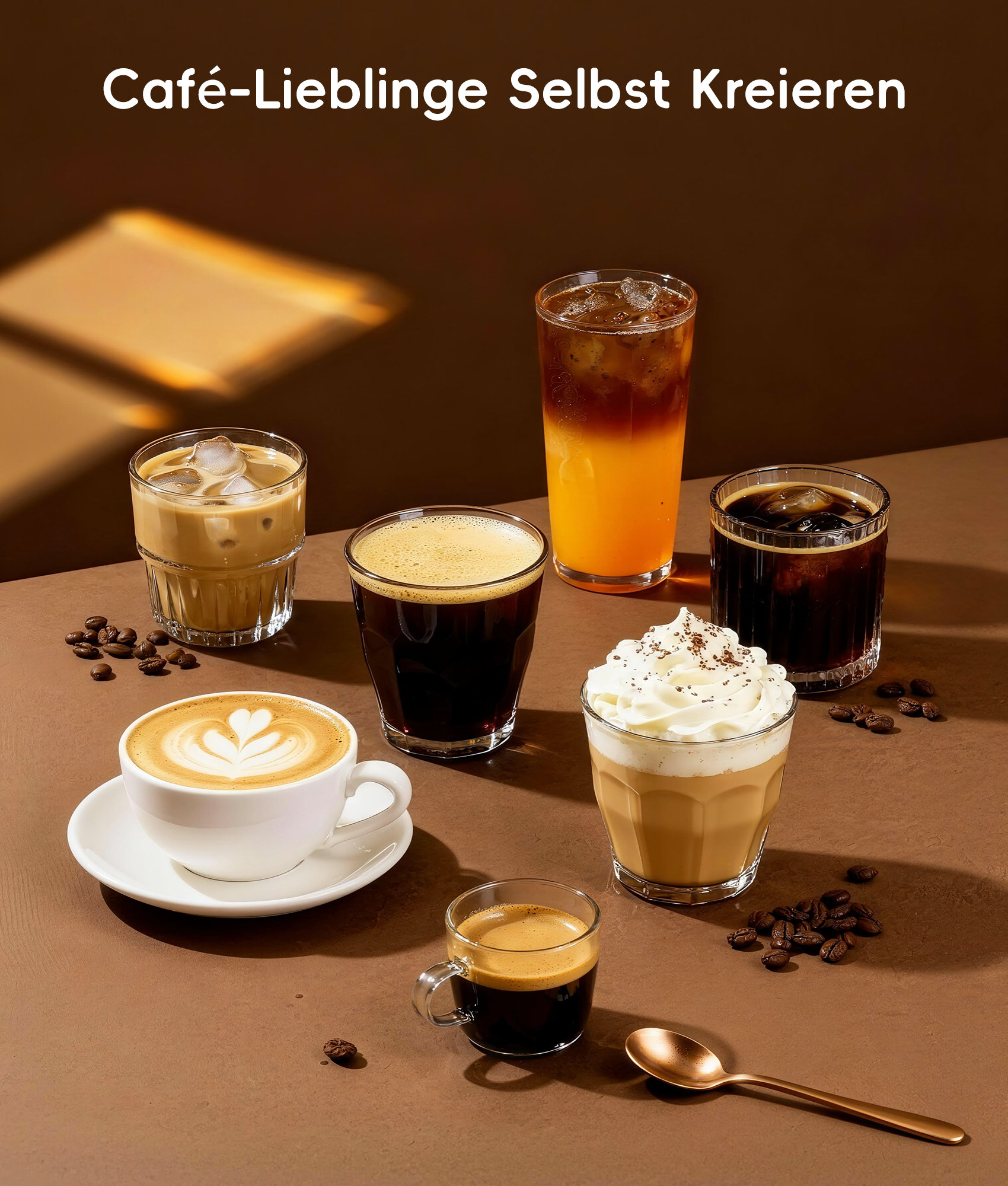 Sechs verschiedene Kaffeeweißgetränke stehen auf einer braunen Oberfläche mit Kaffeebohnen.